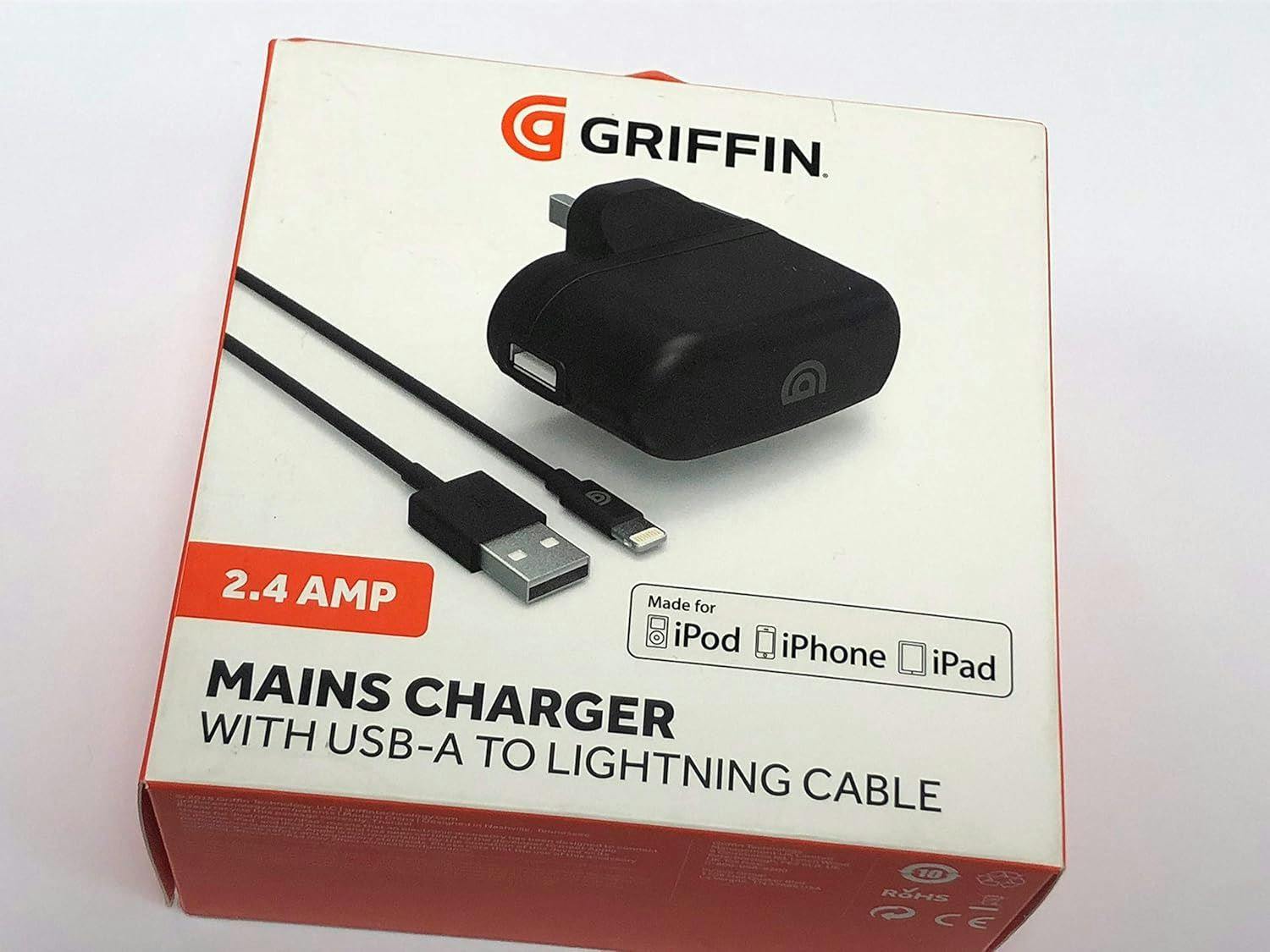 Griffin Black 2.4 Amp Uk Mains Charger With Usb A To Lightning Cable - Gp-010-Blk