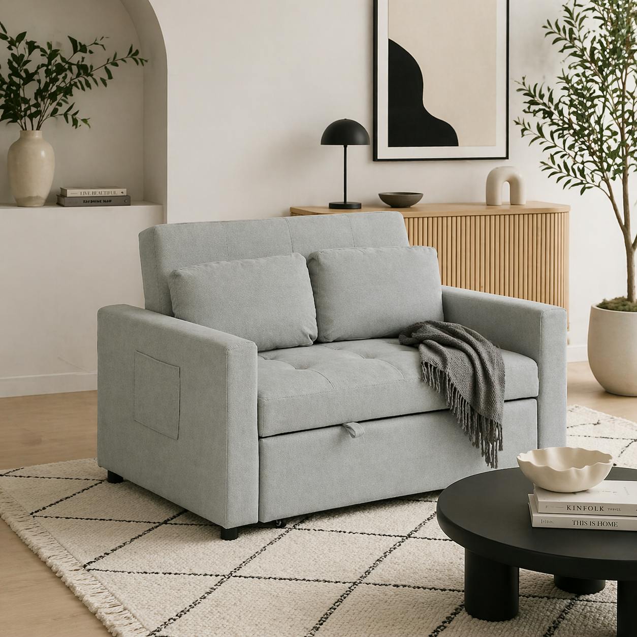 Rackhams Light/Grey Sedisa Fabric 2 Seater Convertible Sofa Bed With Side Pockets And Cushions