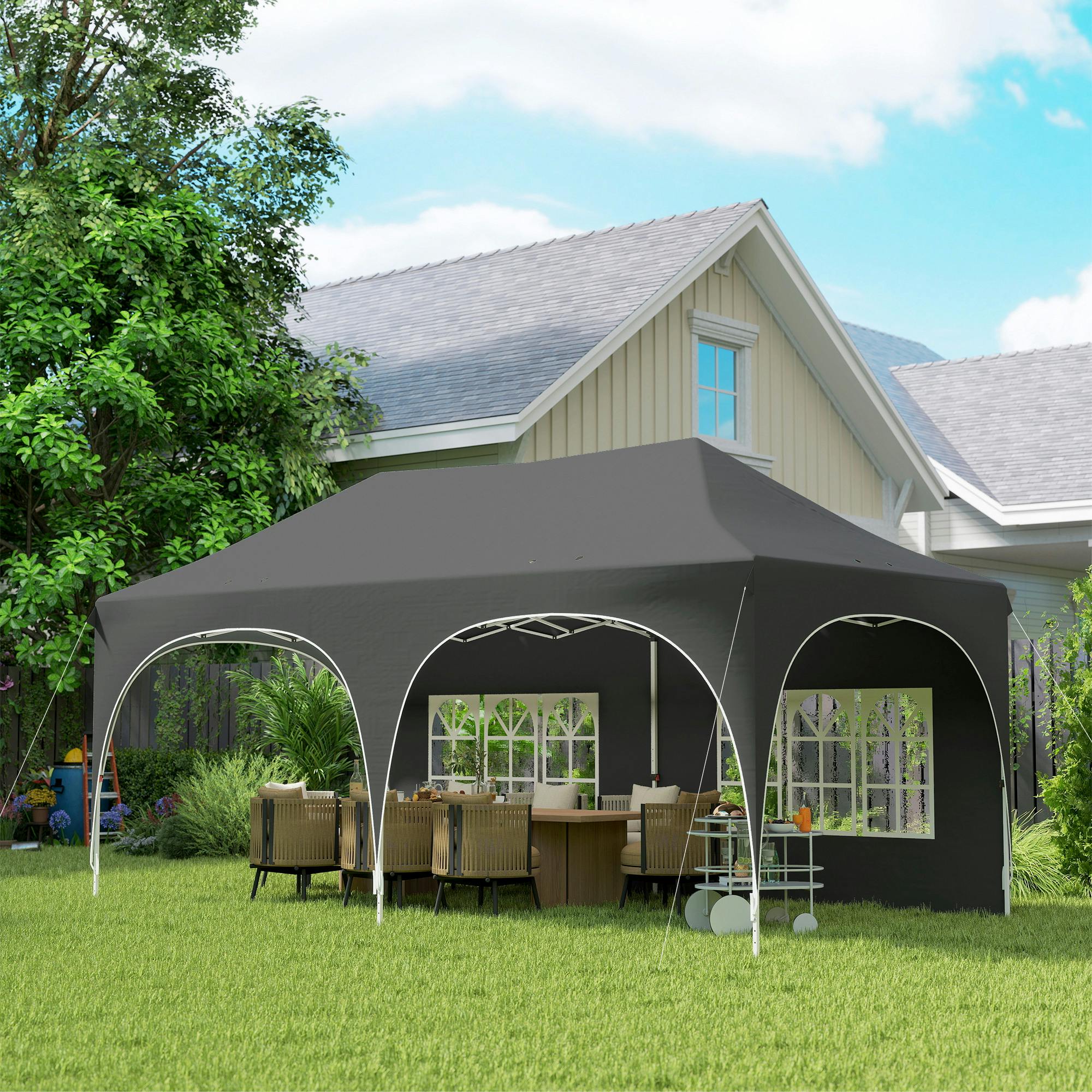 Outsunny Dark/Grey 3 X 6M Pop Up Gazebo With Sides, Peak Top Garden Party Tent Marquee