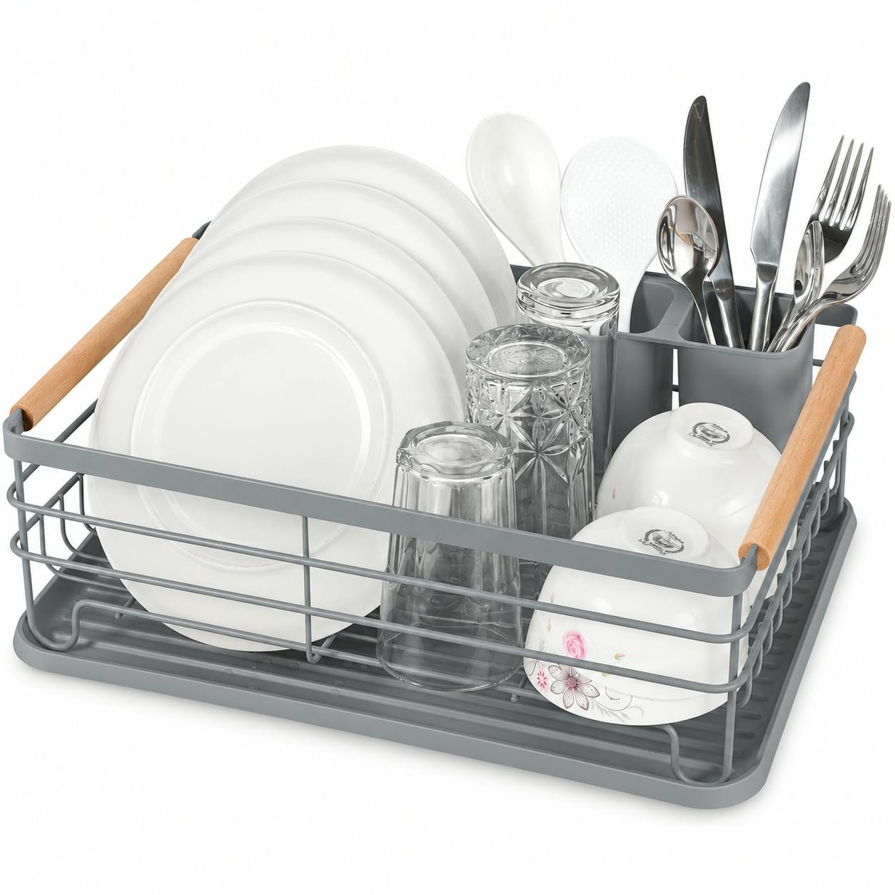 Atek Grey Dish Drying Rack With Drain Tray, Cutlery Holder & Wooden Handles –