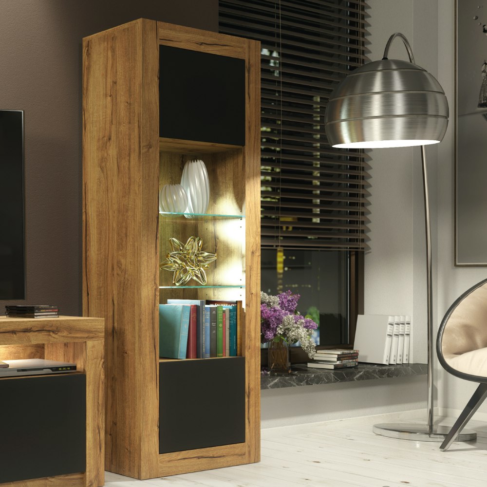 Mex Furniture Black Charming 170Cm Modern Display Cabinet – Matt Doors With Free Led Lights - 170Cm - Oak Matt Body & Matt Doors - 1