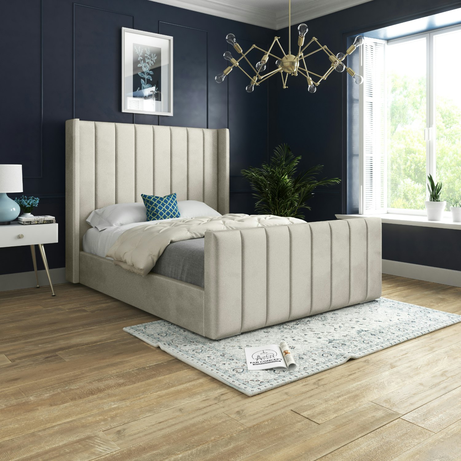 Rackhams Cream/Silver Romano Straight Winged Upholstered Soft Velvet Bed Frame - King