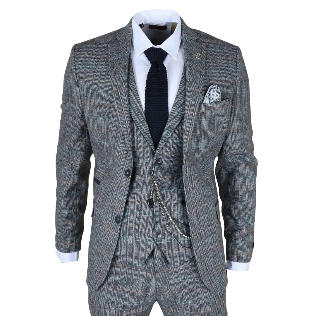 Truclothing Men's Light/Blue/Grey Stz74 - 3 Piece Suit Wool Tweed Check - 52" Jacket 46" Trousers