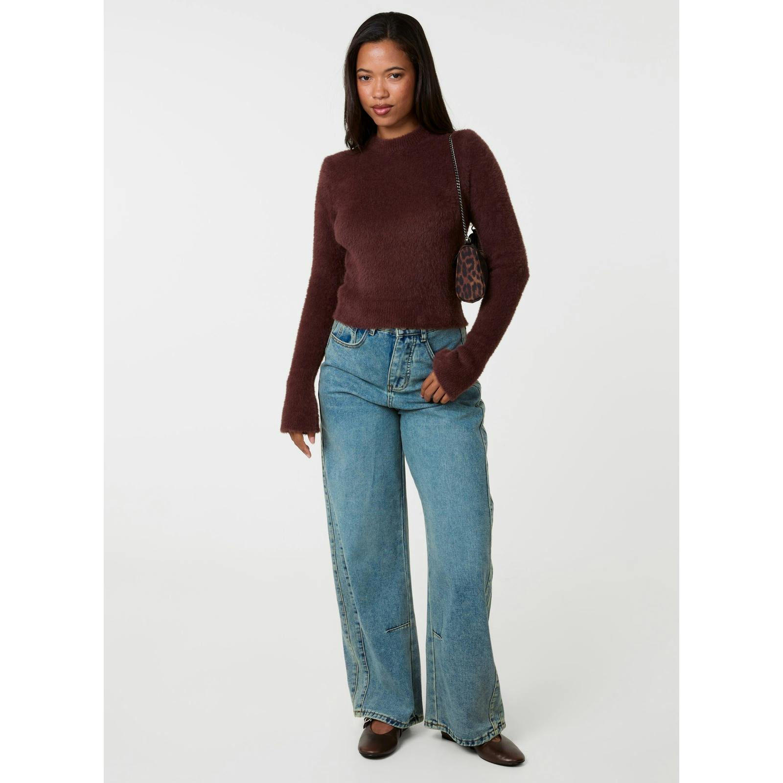 Pink Vanilla Pink/Brown Vanilla Fluffy Knit Cropped Jumper - M-L