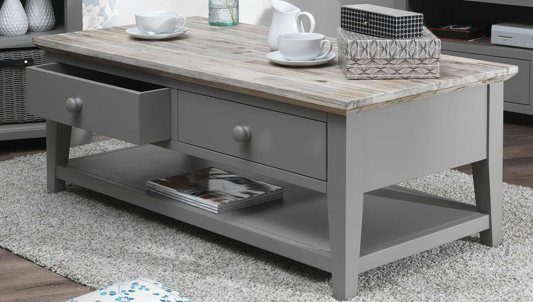 Statement Furniture Grey Florence Wooden Coffee Table With Drawers And Shelf - Dove