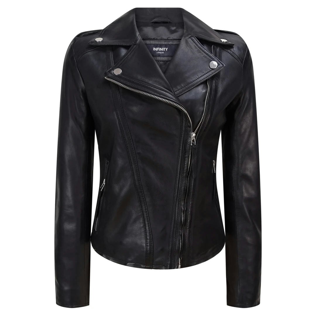 Infinity Leather Women's Black Leather Company Leather Jacket Classic Biker Leather Jacket - Uk 14