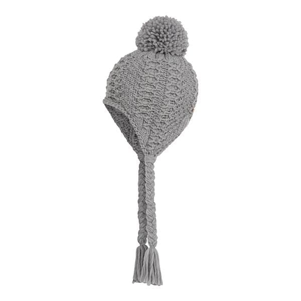 Aran Traditions Grey Honeycomb Knit Pom Pom Trapper Hat - Marl