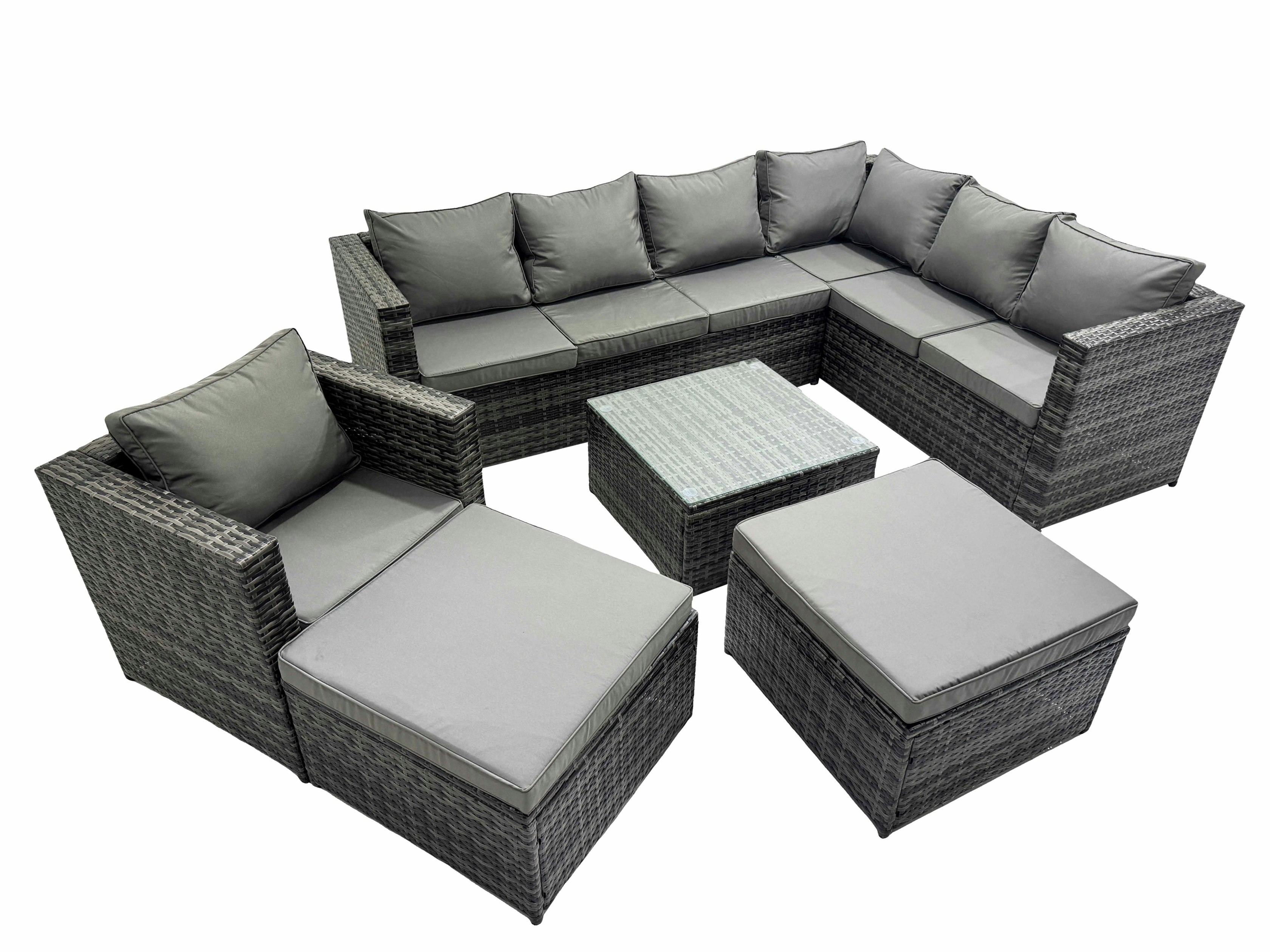 Rackhams Dark/Grey Outdoor Pe Rattan Garden Furniture Sofa Set With Square Coffee Table Chair 2 Big Stools