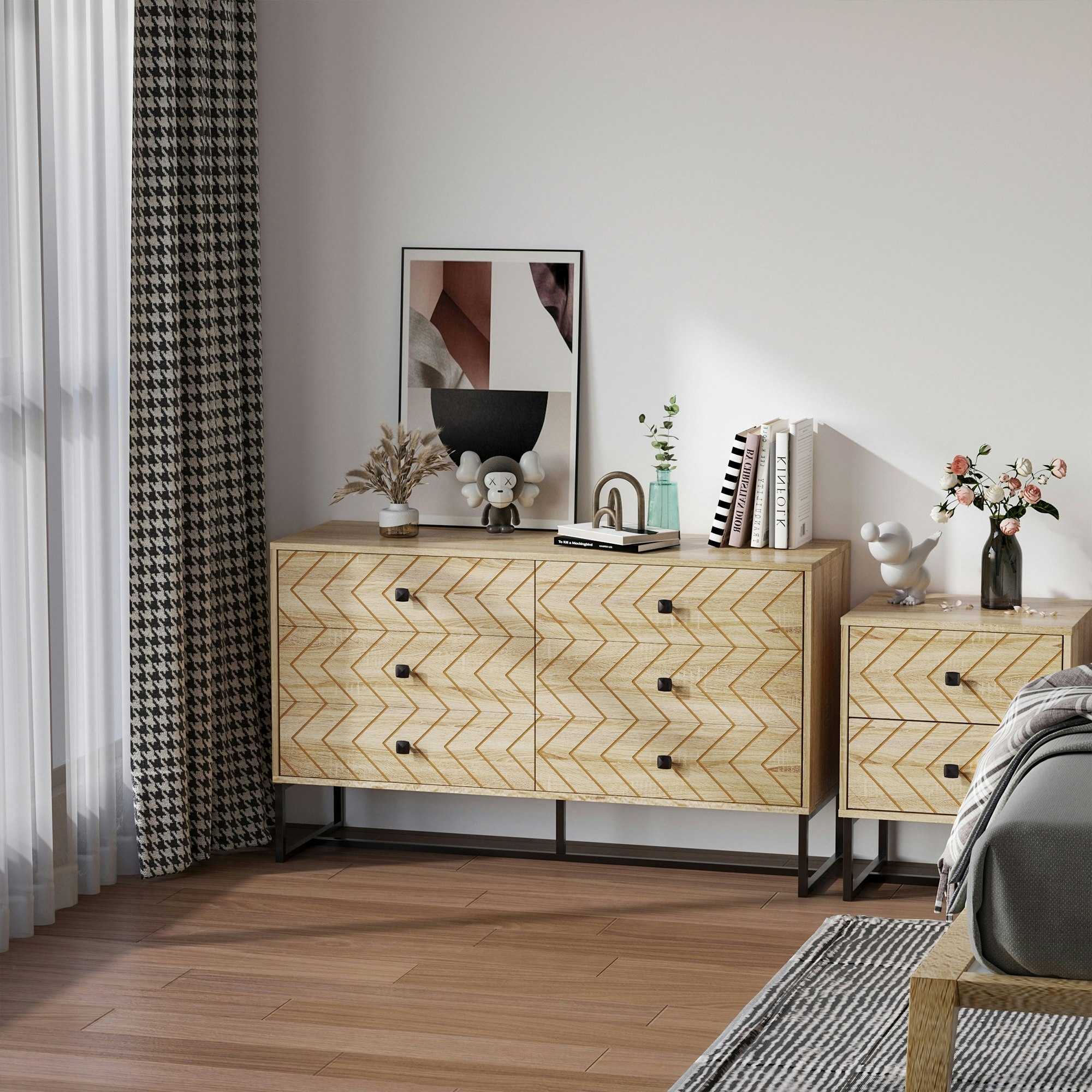 Homcom Chest Of 6 Drawers Storage Unit 71X120cm Unique Zigzag Design Anti Tip - Natual Wood Color - 6