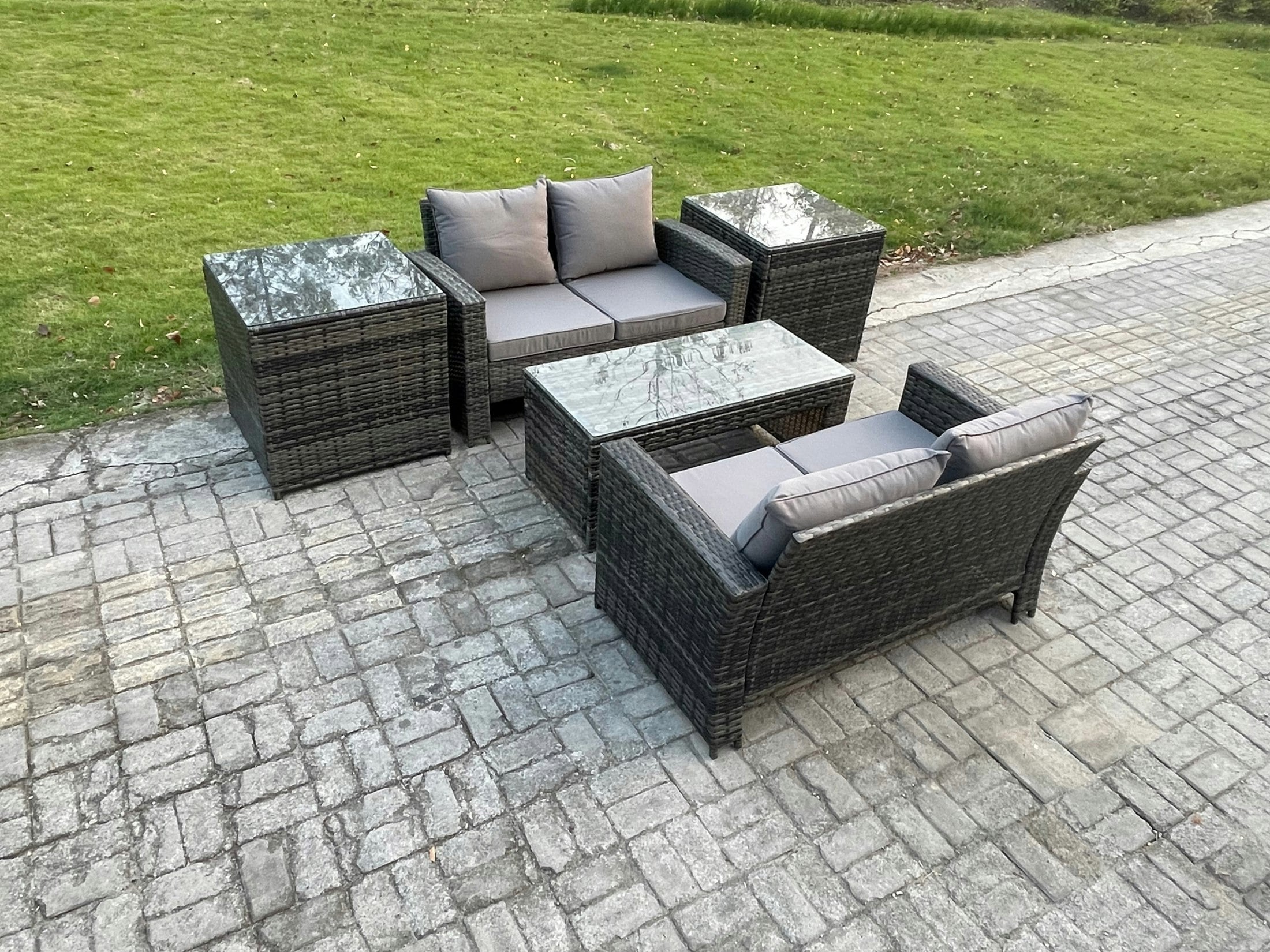 Rackhams Dark/Grey High Back Rattan Garden Furniture Sofa Sets With Rectangular Coffee Table 2 Side Tables Mixed
