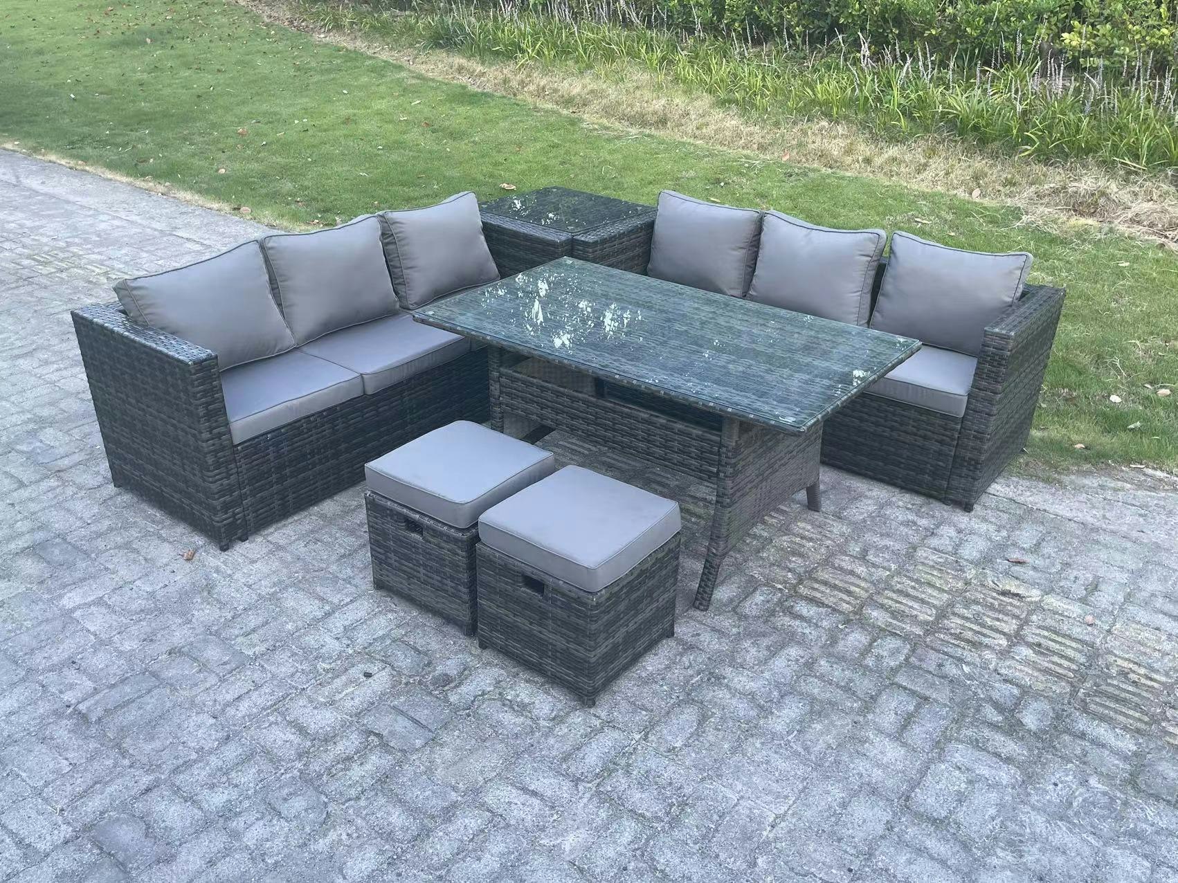 Fimous Dark/Grey 8 Seater Mixed Rattan Outdoor Dining Set - Rectangular Dining Table, Lounge Sofa & 2 Footstools
