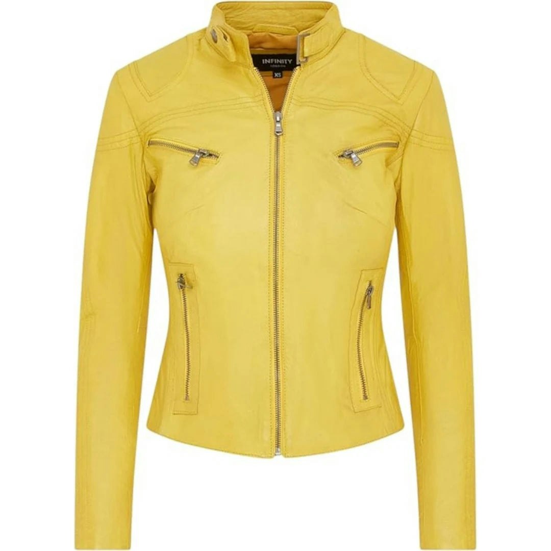 Infinity Leather Women's Yellow Leather Company Real Leather Classic Racer Style Biker Jacket - Uk 24