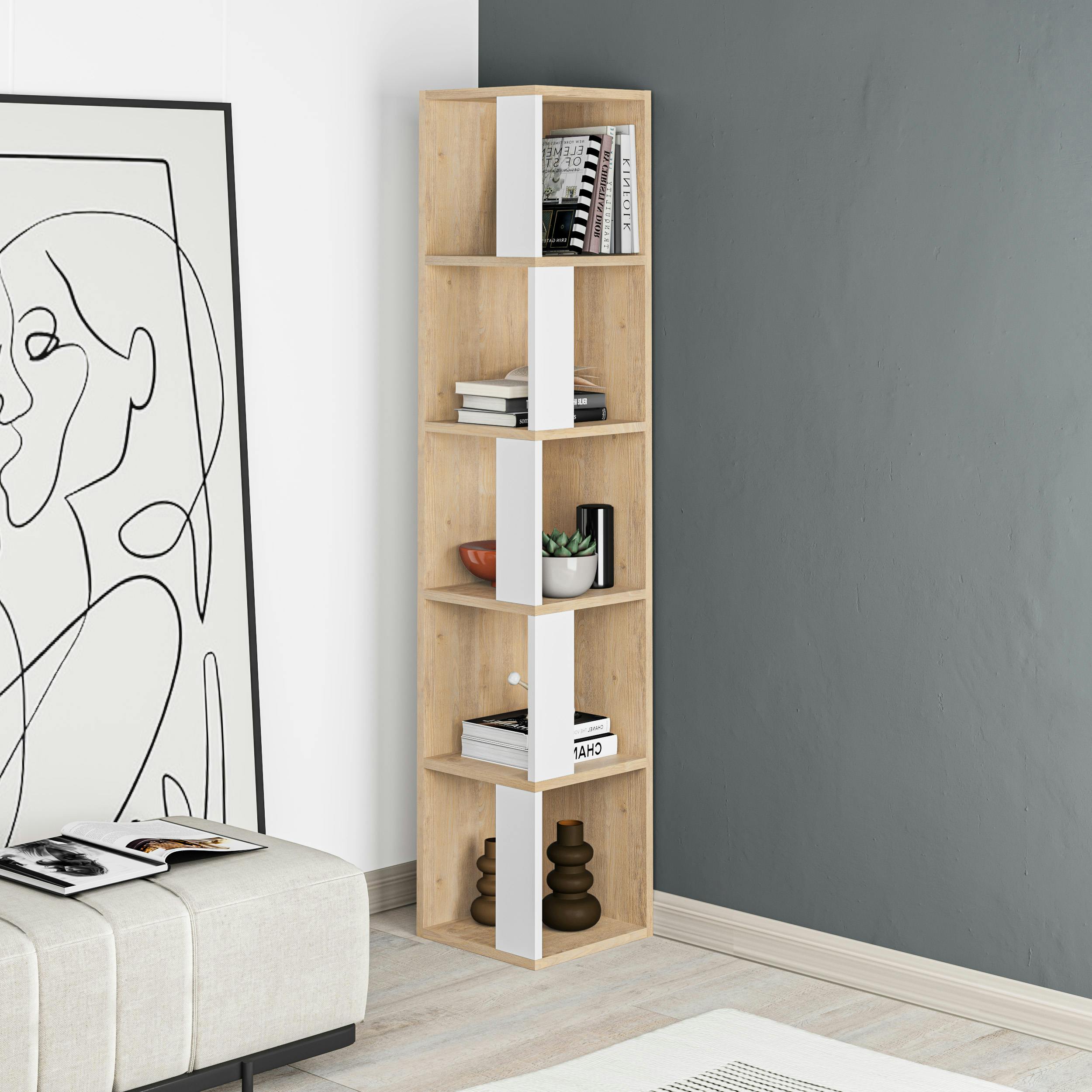 Rackhams White Piano Modern Corner Bookcase Tall Display Unit 158.9Cm - Oak