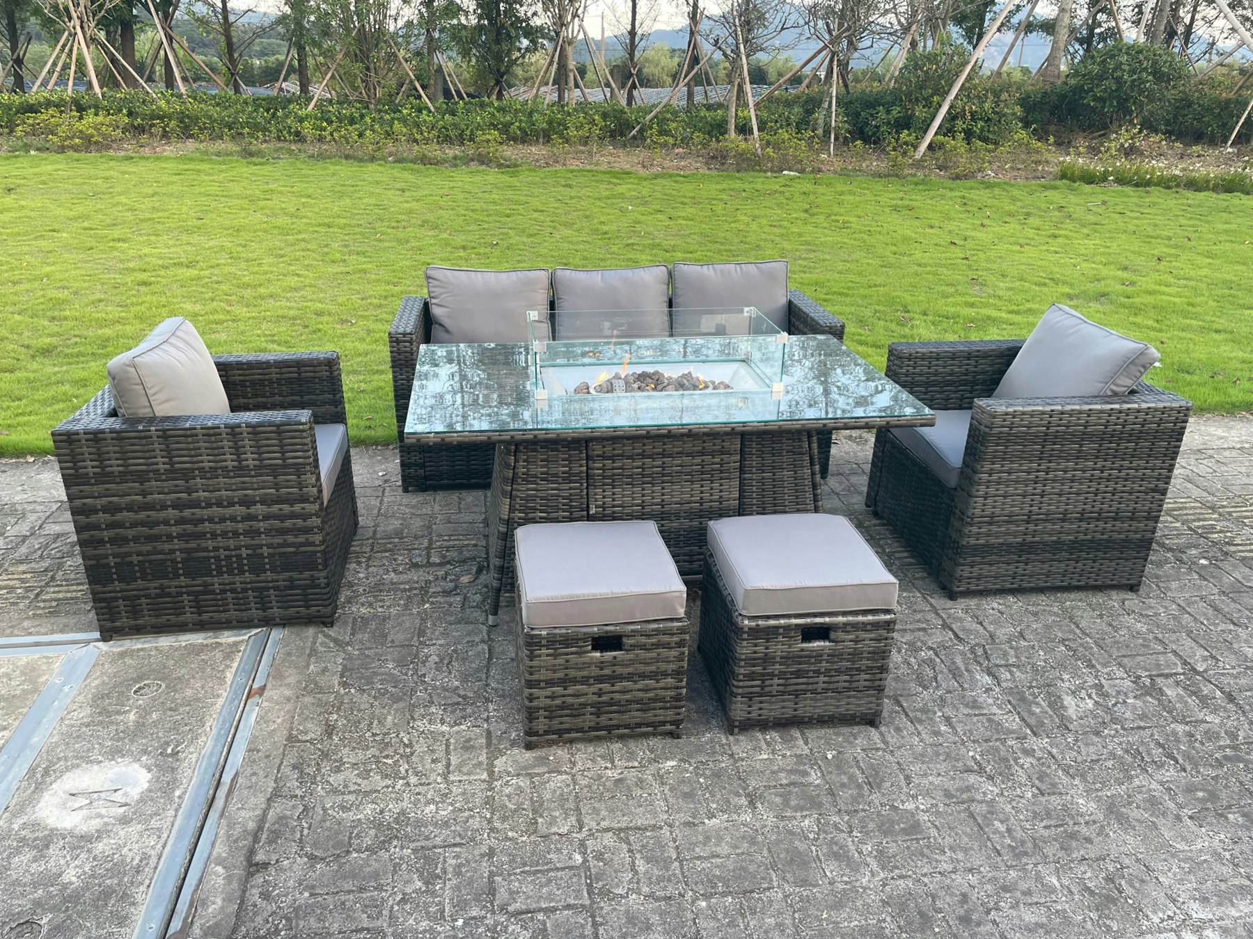 Fimous Dark/Grey Rattan Garden Furniture Set With Gas Fire Pit Dining Table, 1 Sofa, 2 Chairs, 2 Footstools - 7 Seater