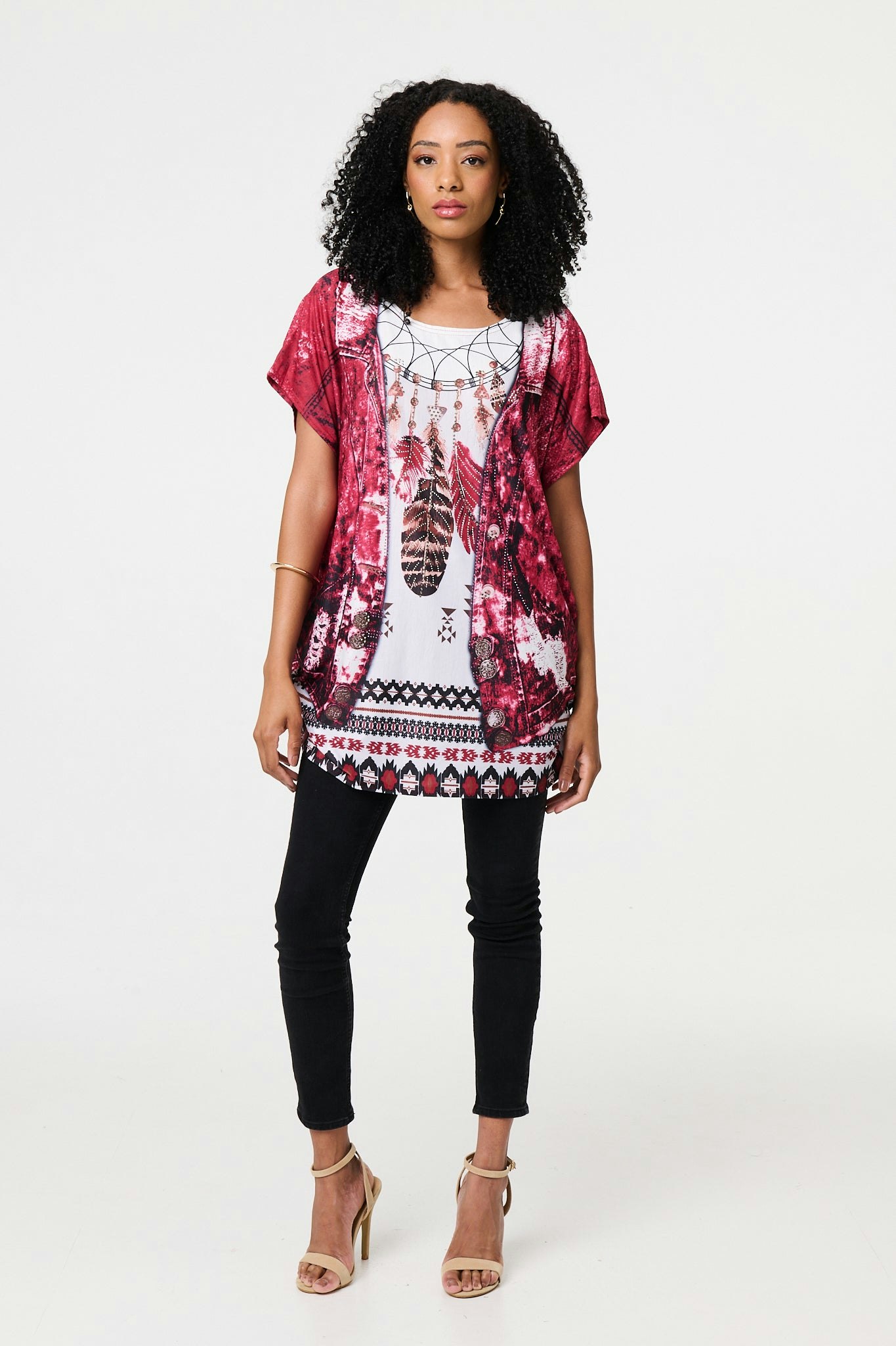 Izabel London Red Feather Print Relaxed Short Sleeve Tunic - S/M