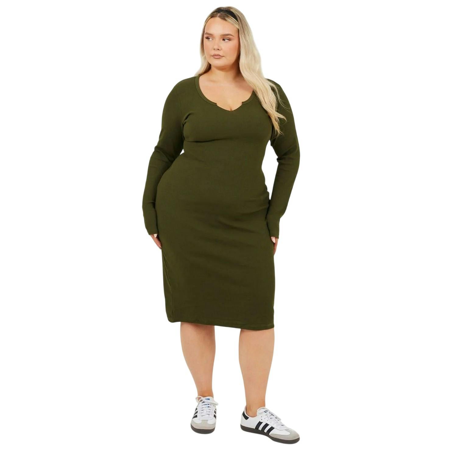 Brave Soul Women's Dark Notch Neck Midi Dress - Khaki - 22 Uk - Khaki - 100% Mixed