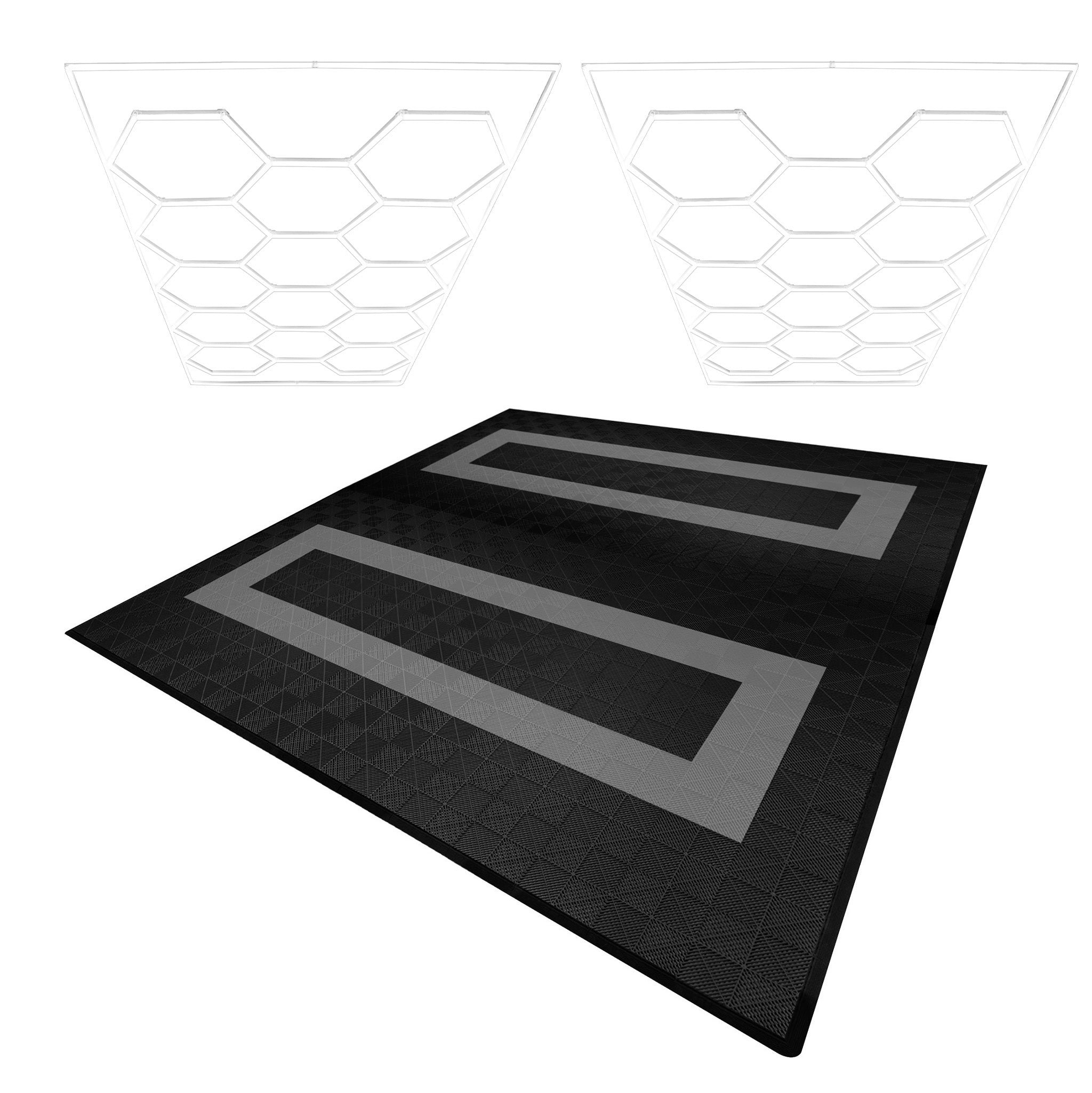 Monstershop Black/Grey Hexagon Led Lights X 2 & Vented Garage Floor Tiles With Edges - 165 & 60