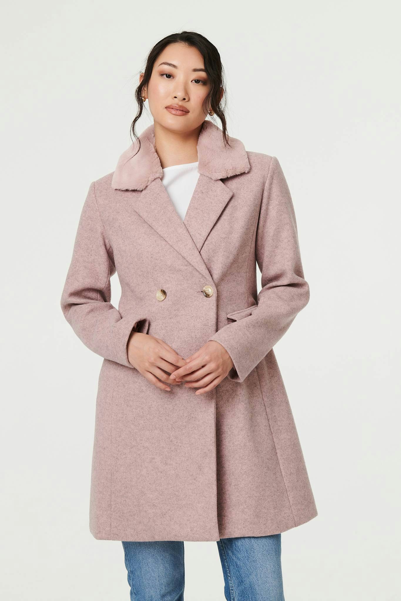 Izabel London Pink Fur Trim Double Breasted Longline Coat - 10