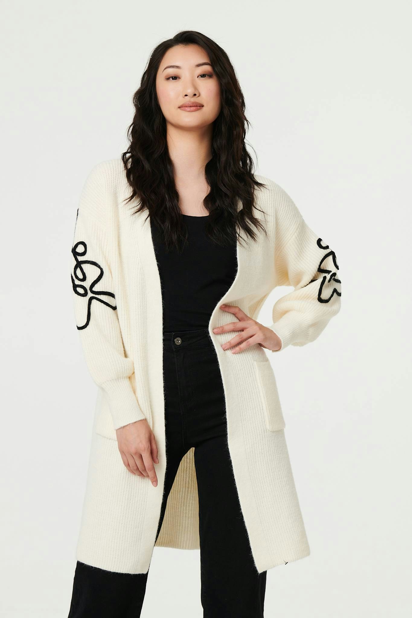 Izabel London Cream Floral Trim Detail Longline Cardigan - 14