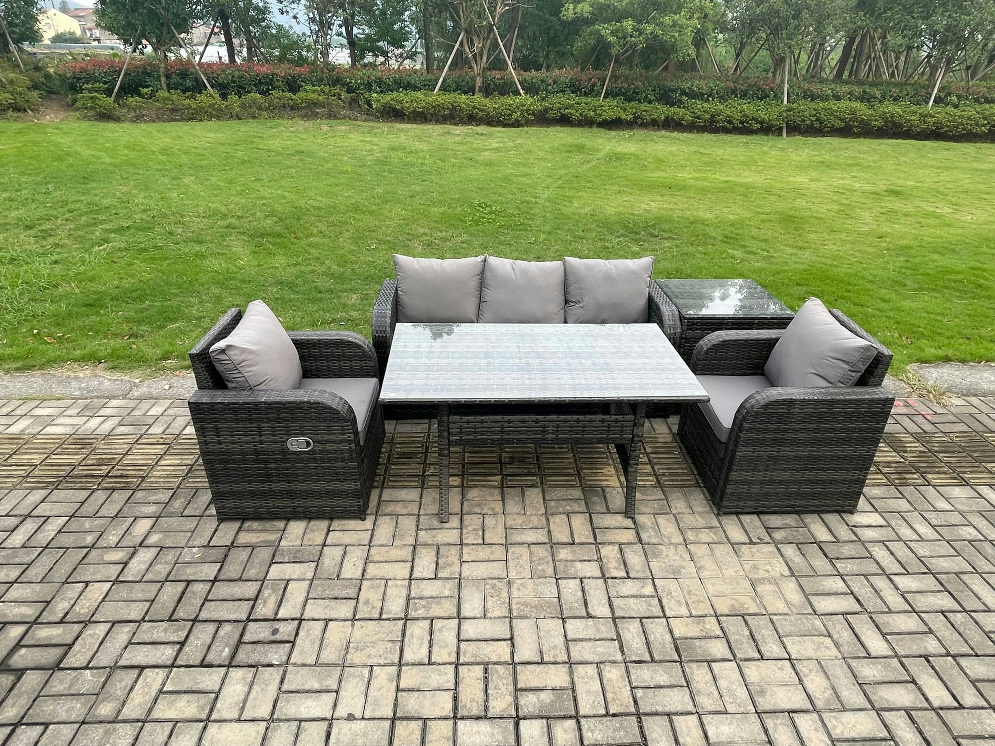 Rackhams Dark/Grey Wicker Pe Rattan Garden Furniture Set Outdoor Rectangular Dining Table And Chair Sofa Set With Side Table Mixed