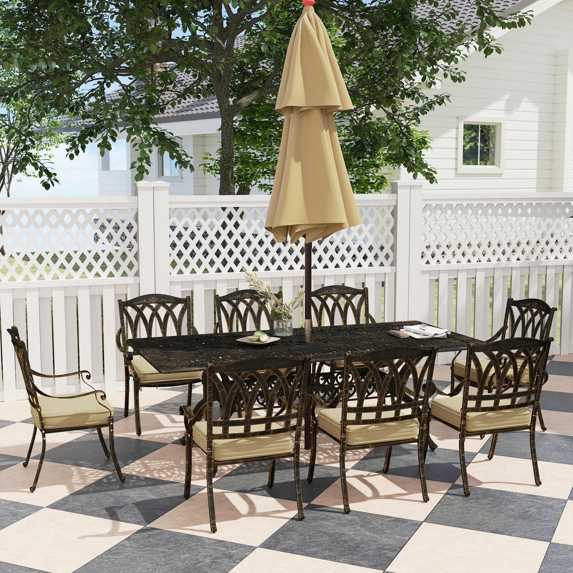 Rackhams Bronze 9 Pieces Cast Aluminium Garden Dining Set With Parasol Hole,