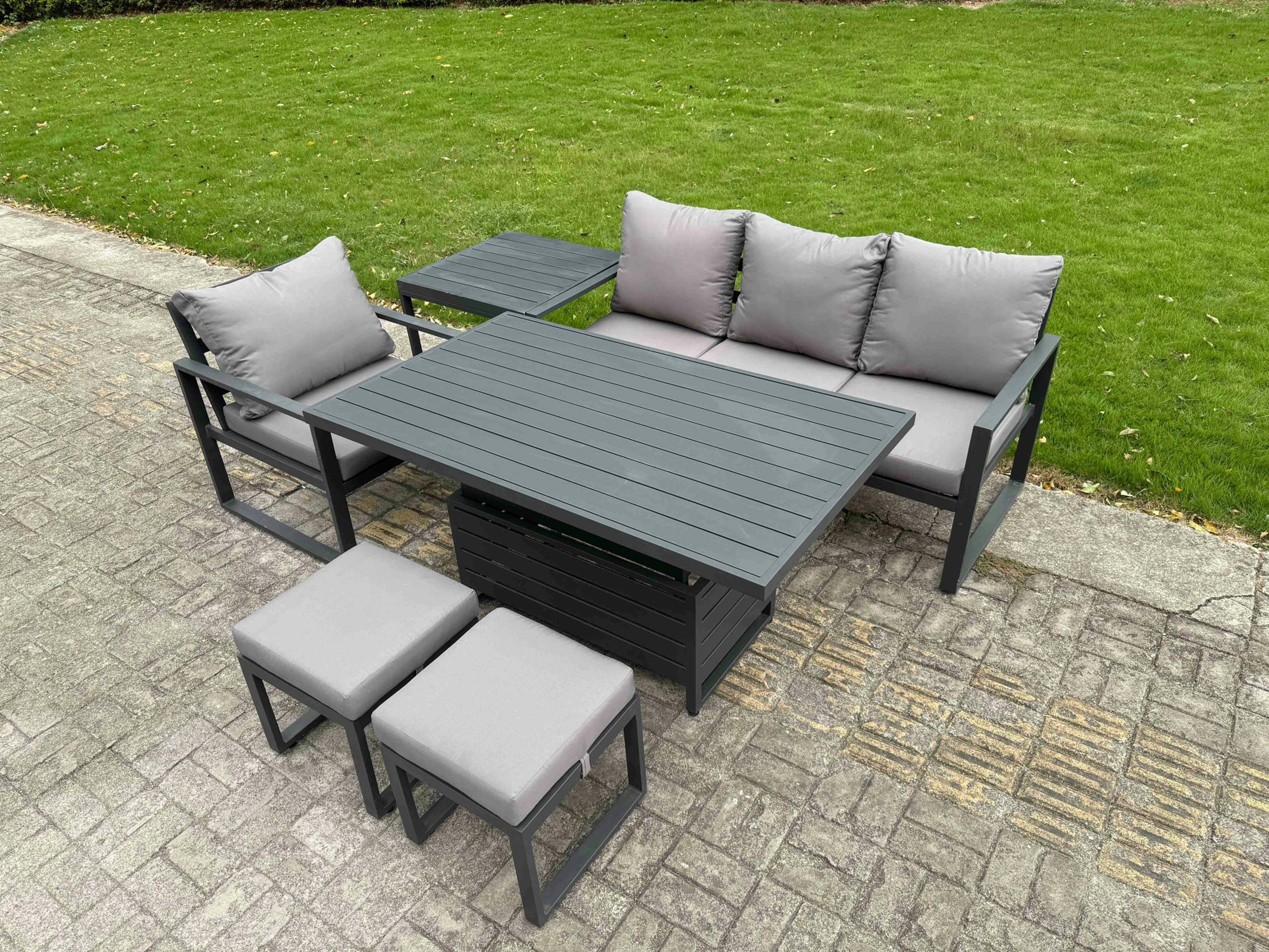 Rackhams Dark/Grey 6 Seater Aluminium Outdoor Patio Dining Furniture Set Includes Adjustable Rising Lifting Dining Table Chairs With 2 Small Footstools Side Table