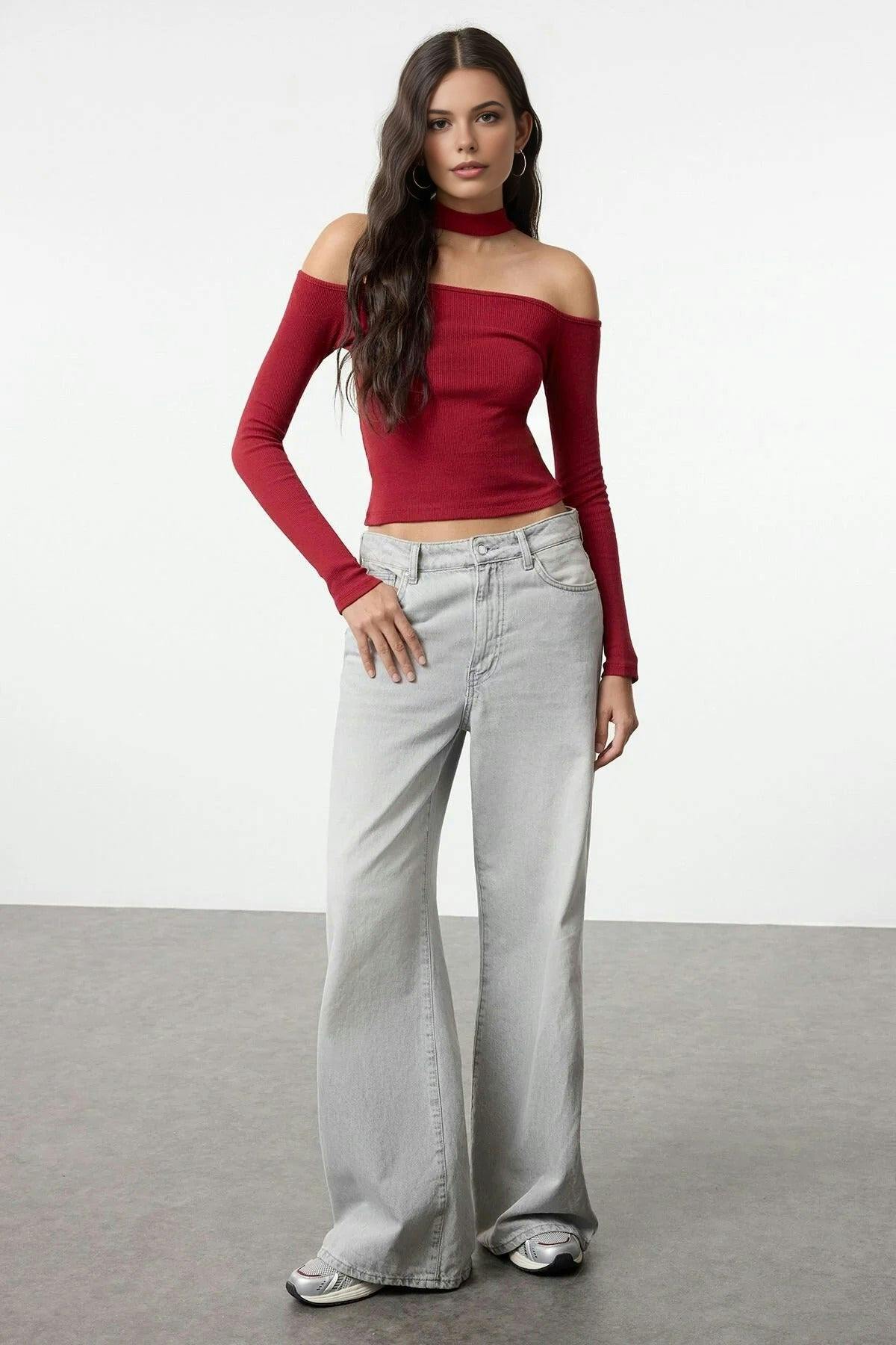 Wovcor Burgundy Choker Detailed Fitted Crop Ribbed Knit Blouse - Xs