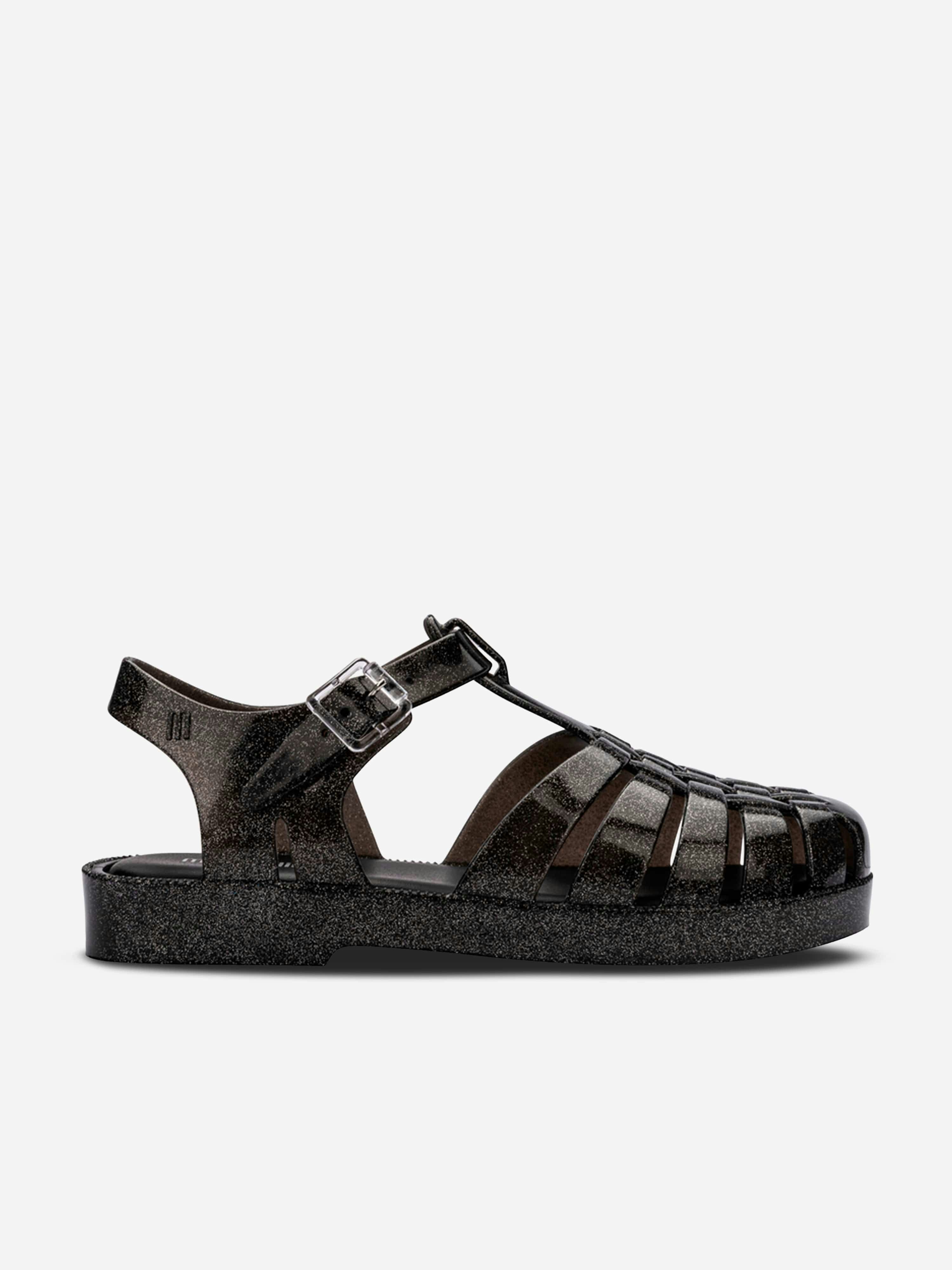 Mini Melissa Girls Black Possession Shiny Sandals In - Eu 34 Uk 2
