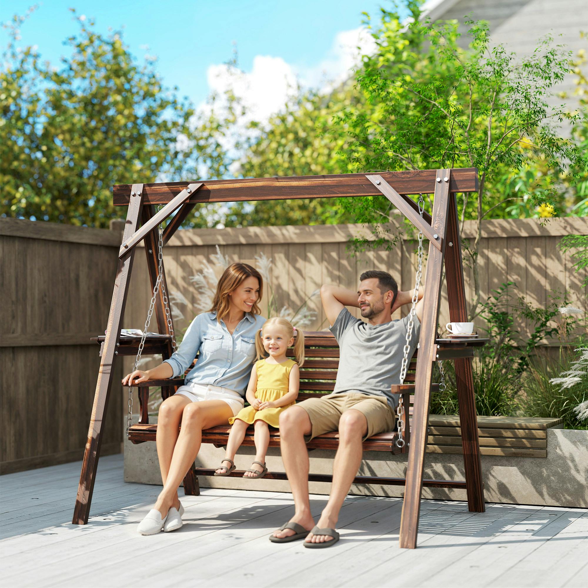 Rackhams 3 Seater Wooden Garden Swing Chair With Side Tables
