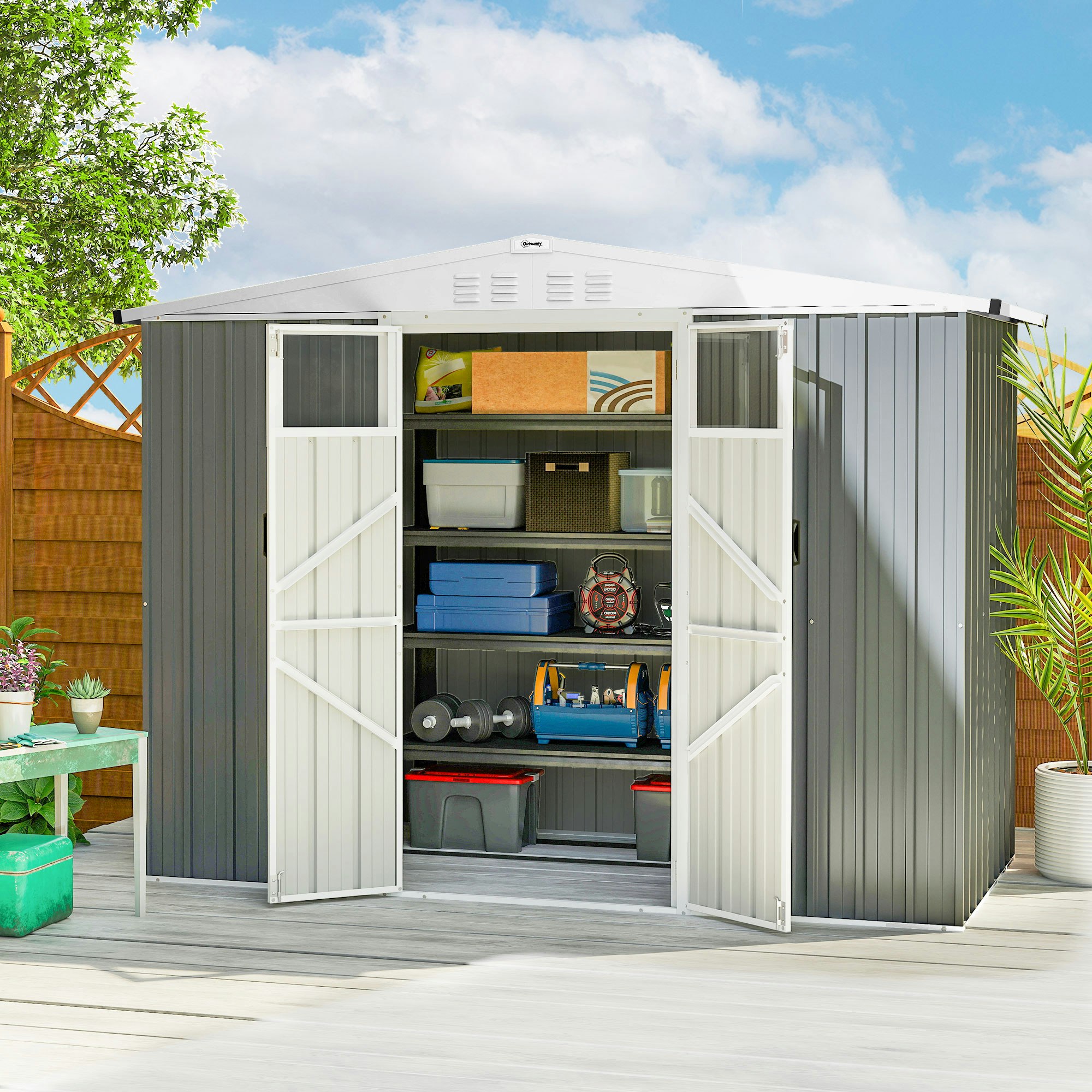 Outsunny Light/Grey 8 X 4 Ft Garden Storage Shed, Outdoor Metal Shed,