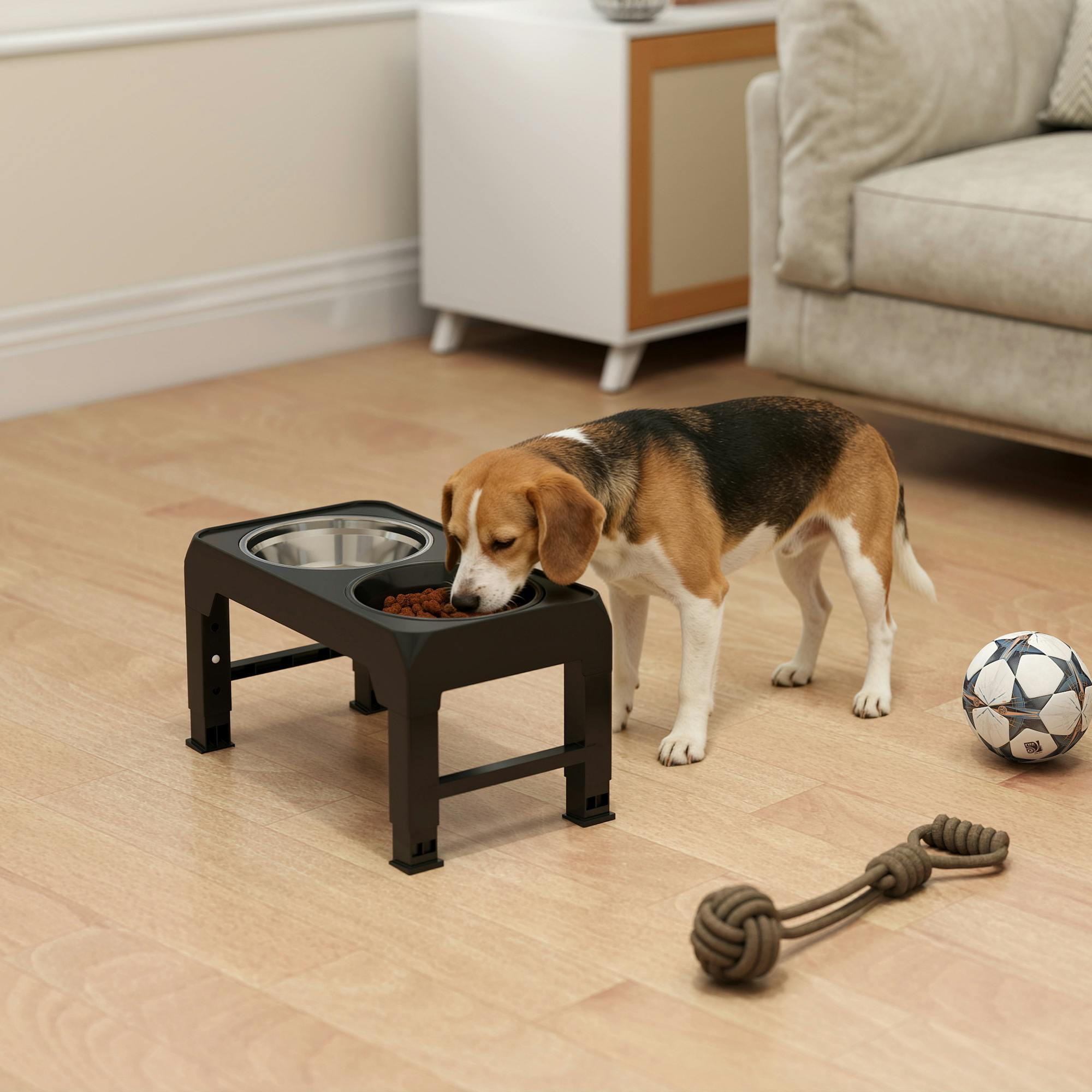 Pawhut Black Raised Dog Bowl, Foldable Elevated Dog Bowls, 4 Heights Adjustable - 44L X 24W X 30H Cm - Pp, Stainless Steel