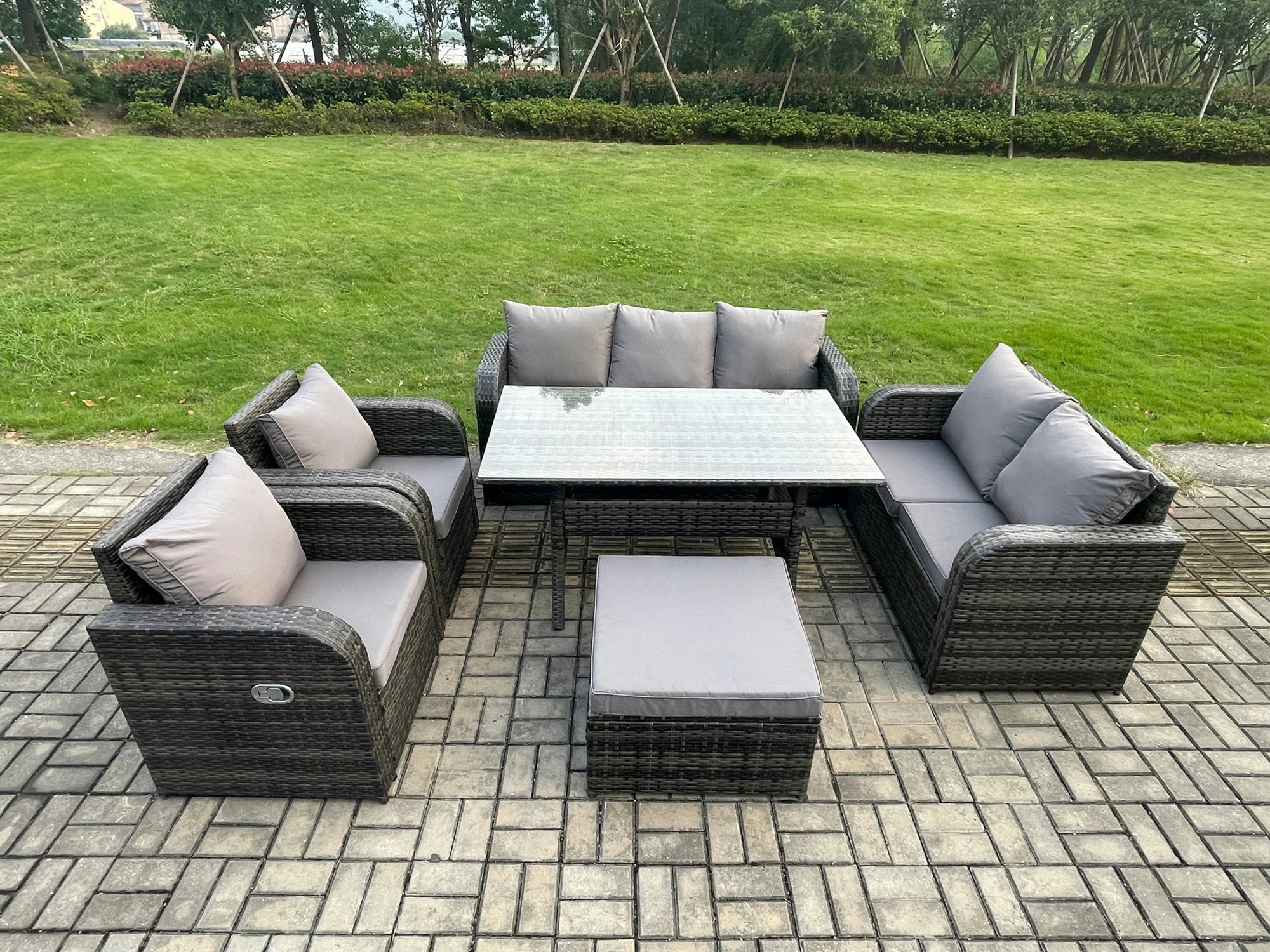 Fimous Dark/Grey 8 Seater Rattan Outdoor Dining Set - Reclining Chair, Loveseat, 2-Seater Sofa & Rectangular Dining Table