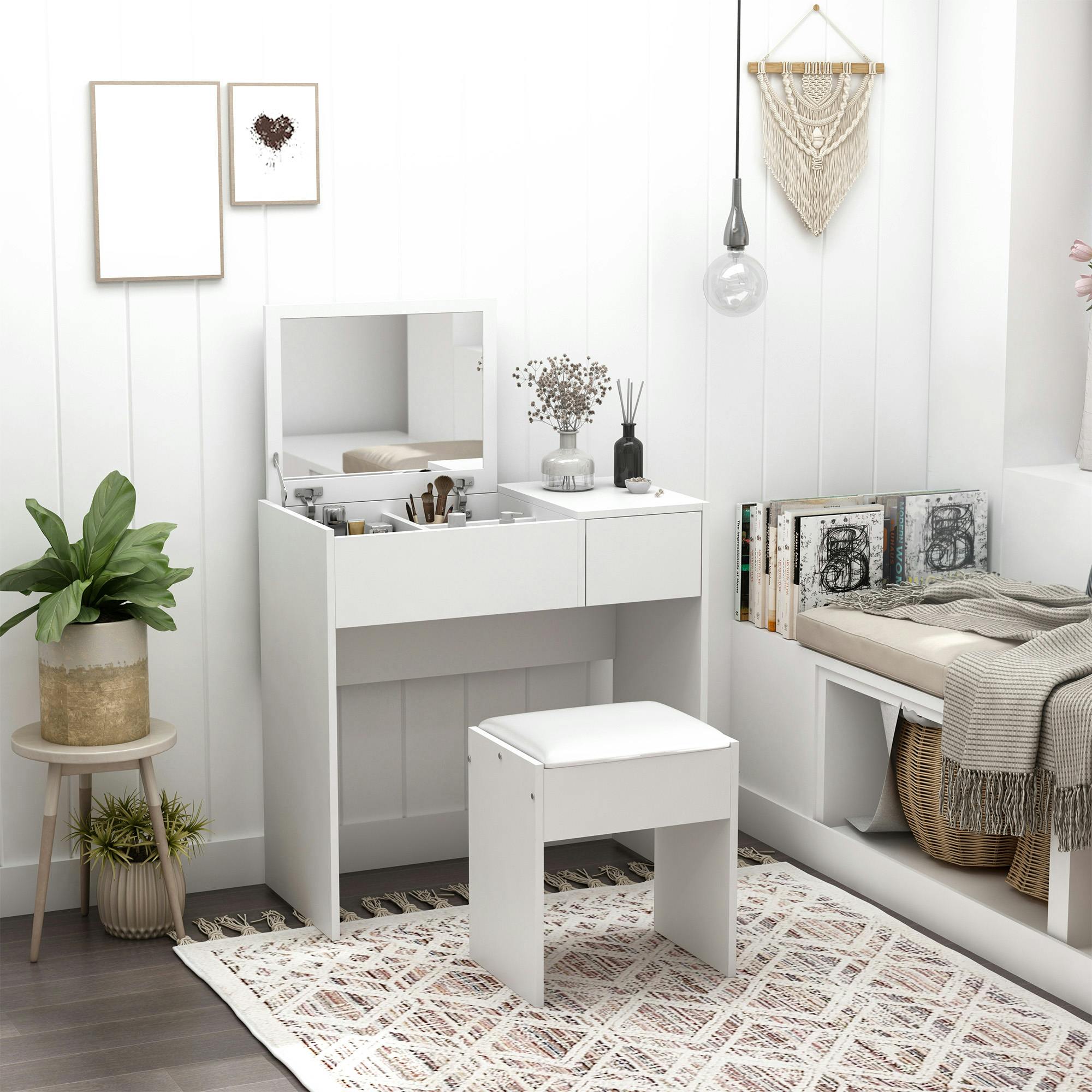 HOMCOM Dressing Table Set Cushioned Stool Flip-up Mirror Drawer Chipboard in Natural - Image 4