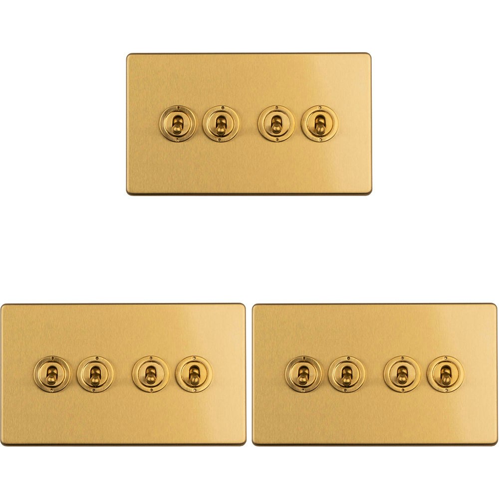 Rackhams Light Pack 4 Gang Quad Retro Toggle Switch Screwless Satin Brass 10A 2 Way Size 3