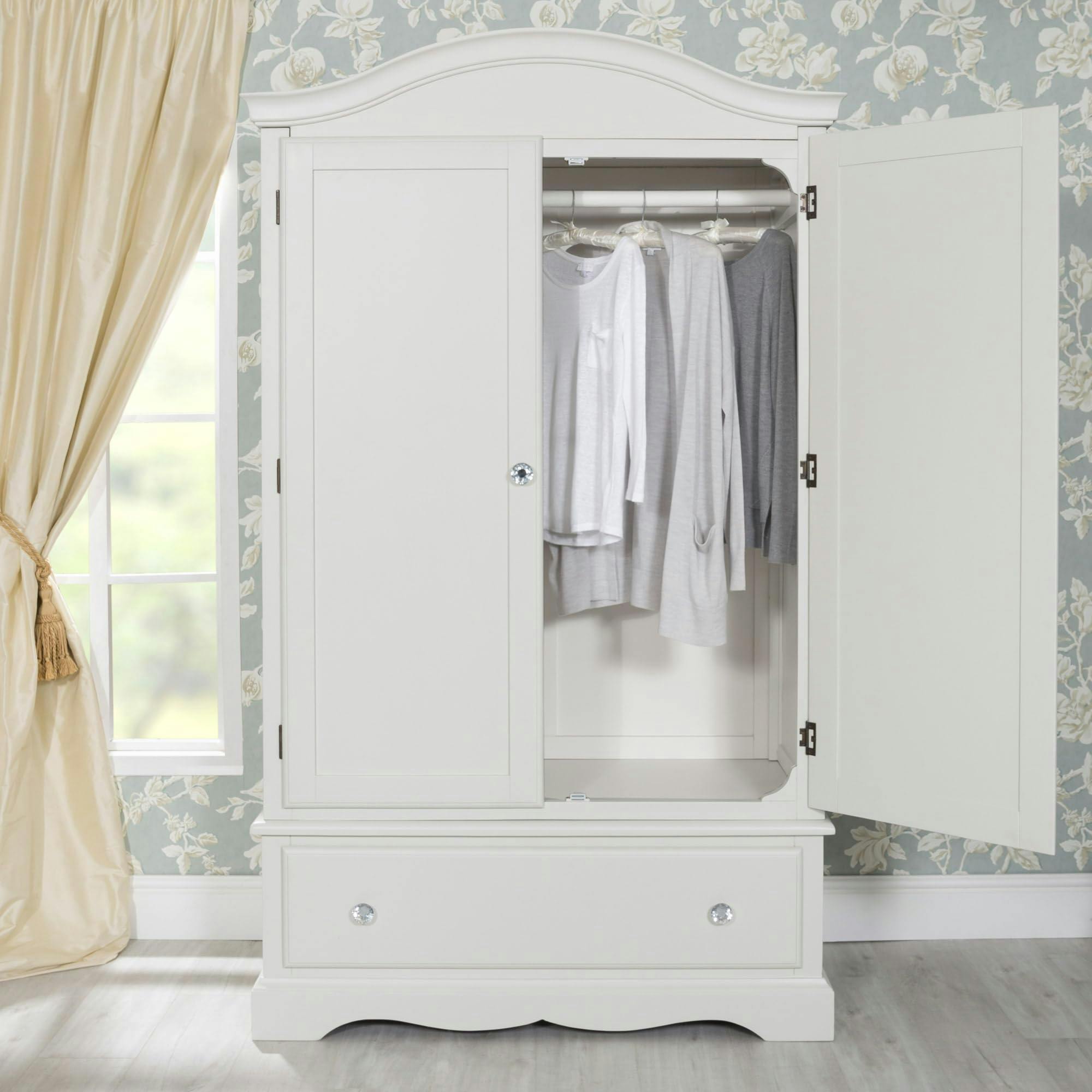 Statement Furniture White/Grey Romance French Double Wardrobe With Drawer And Crystal Handles - Antique ( Tone)