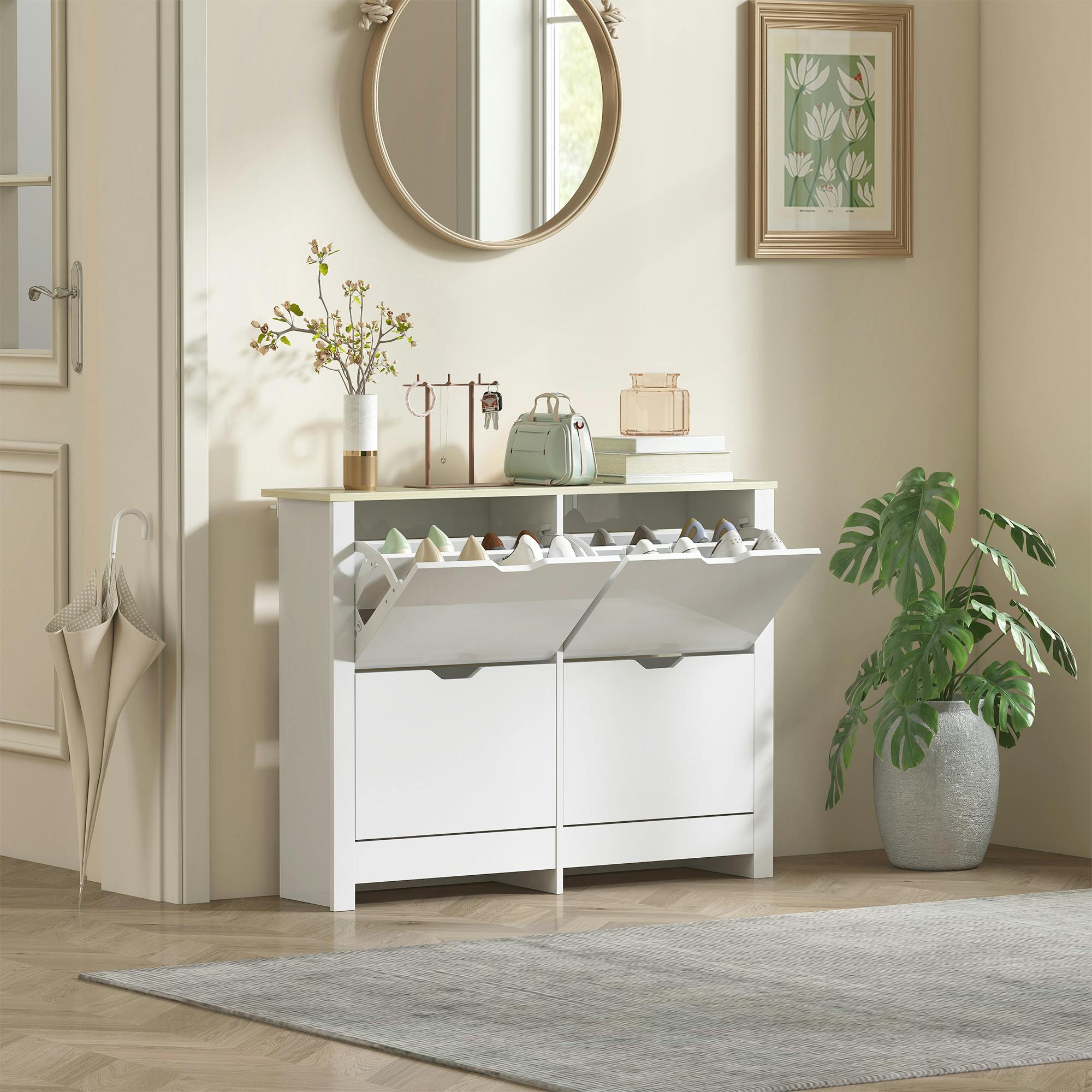 Rackhams White 16-Shoe Storage Cabinet 4 Shelves 4 Drawers Tabletop - Melamine Coated - Particle Board