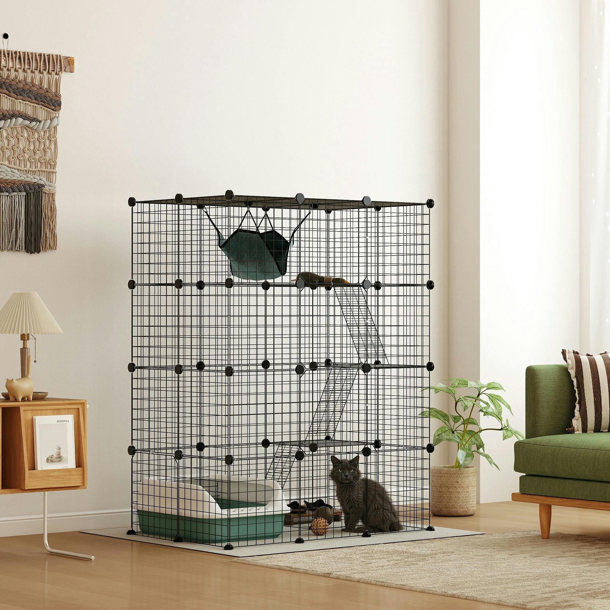 Pawhut Black Four-Tier Indoor Cat Cage, Diy Cat Playpen With Hammock, Ramps