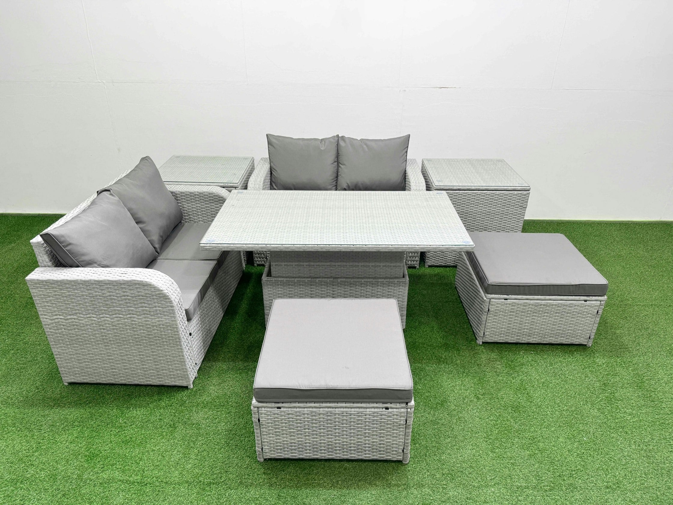 Fimous Light/Grey 6 Seater Outdoor Love Sofa Set Rattan Garden Furniture Set With Adjustable Lifting Dining Or Coffee Table 2 Footstool 2 Side Tables