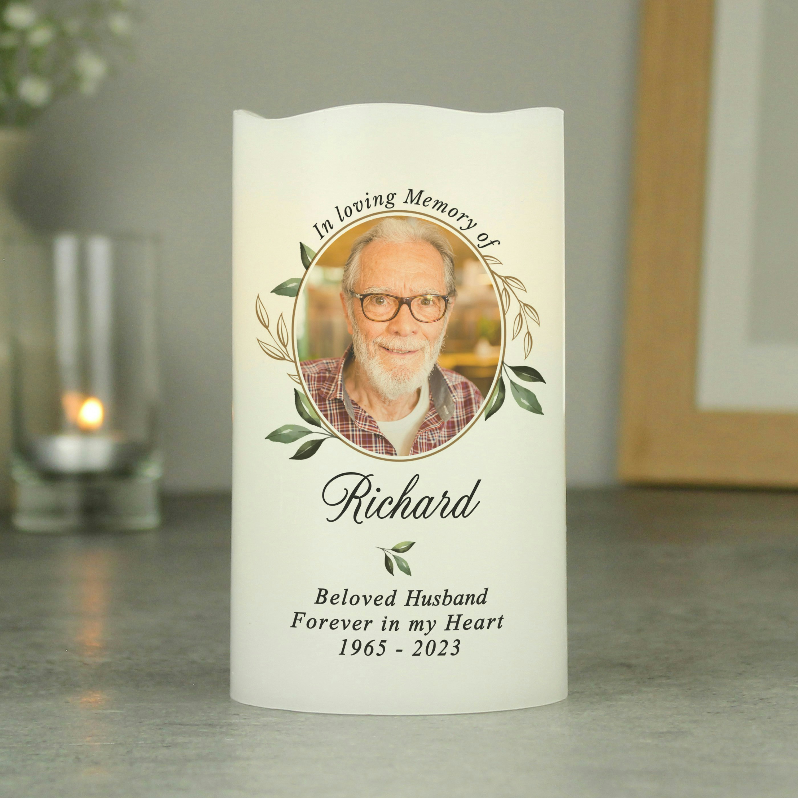 Rackhams Personalised Botanical Memorial Photo Upload Led Candle