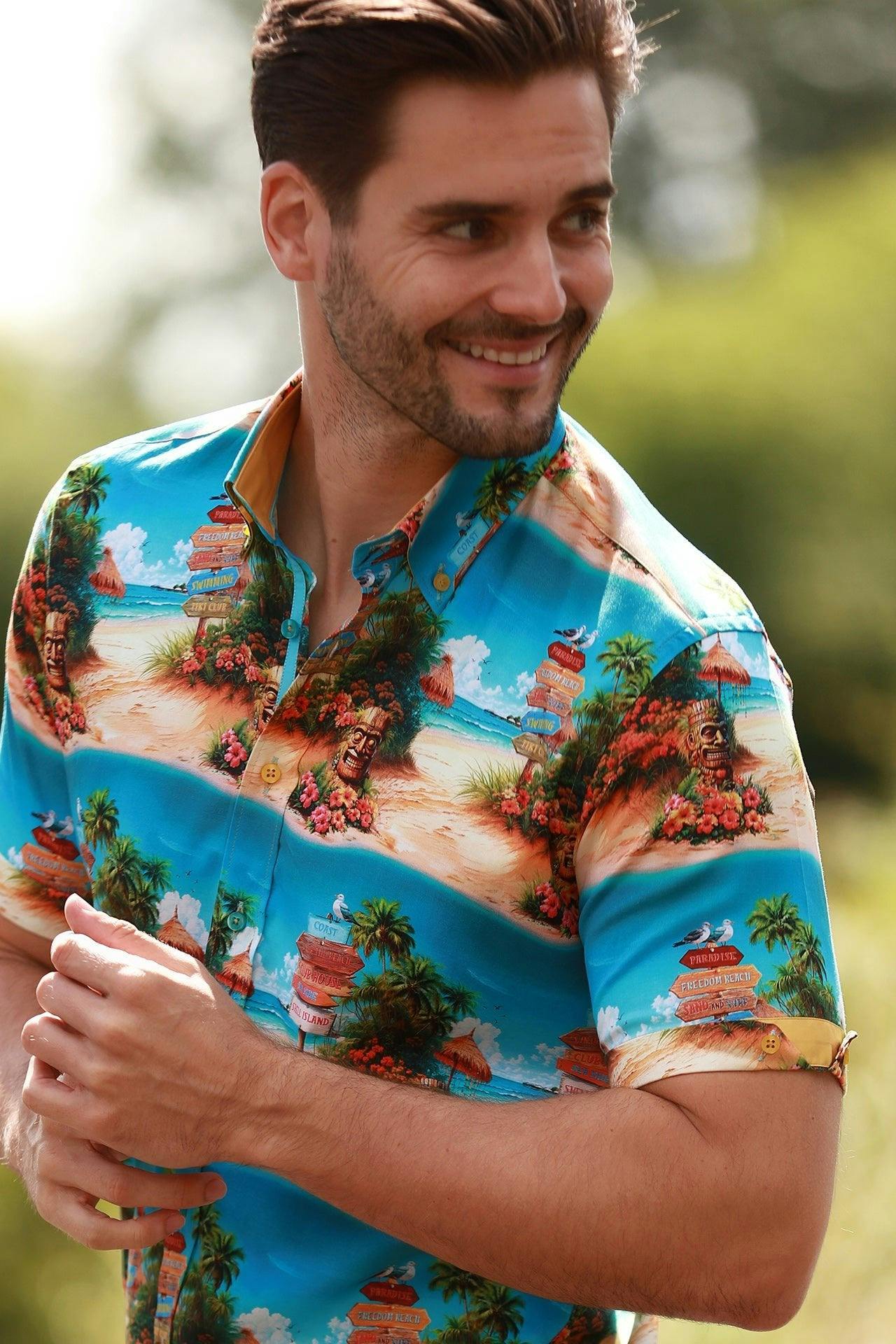 Claudio Lugli Beach Club Vibes Short Sleeve Print Shirt - Aqua - 3XL