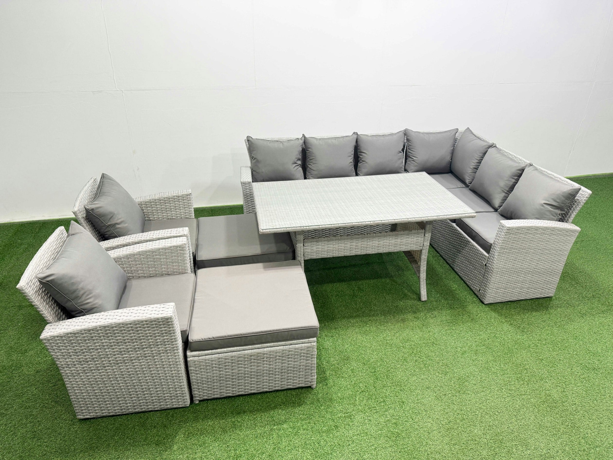 Fimous Light/Grey Rattan Garden Furniture Set Outdoor 10 Seater Patio Dining Corner Sofa Sets With Dining Table Chair Big Footstools Mixed