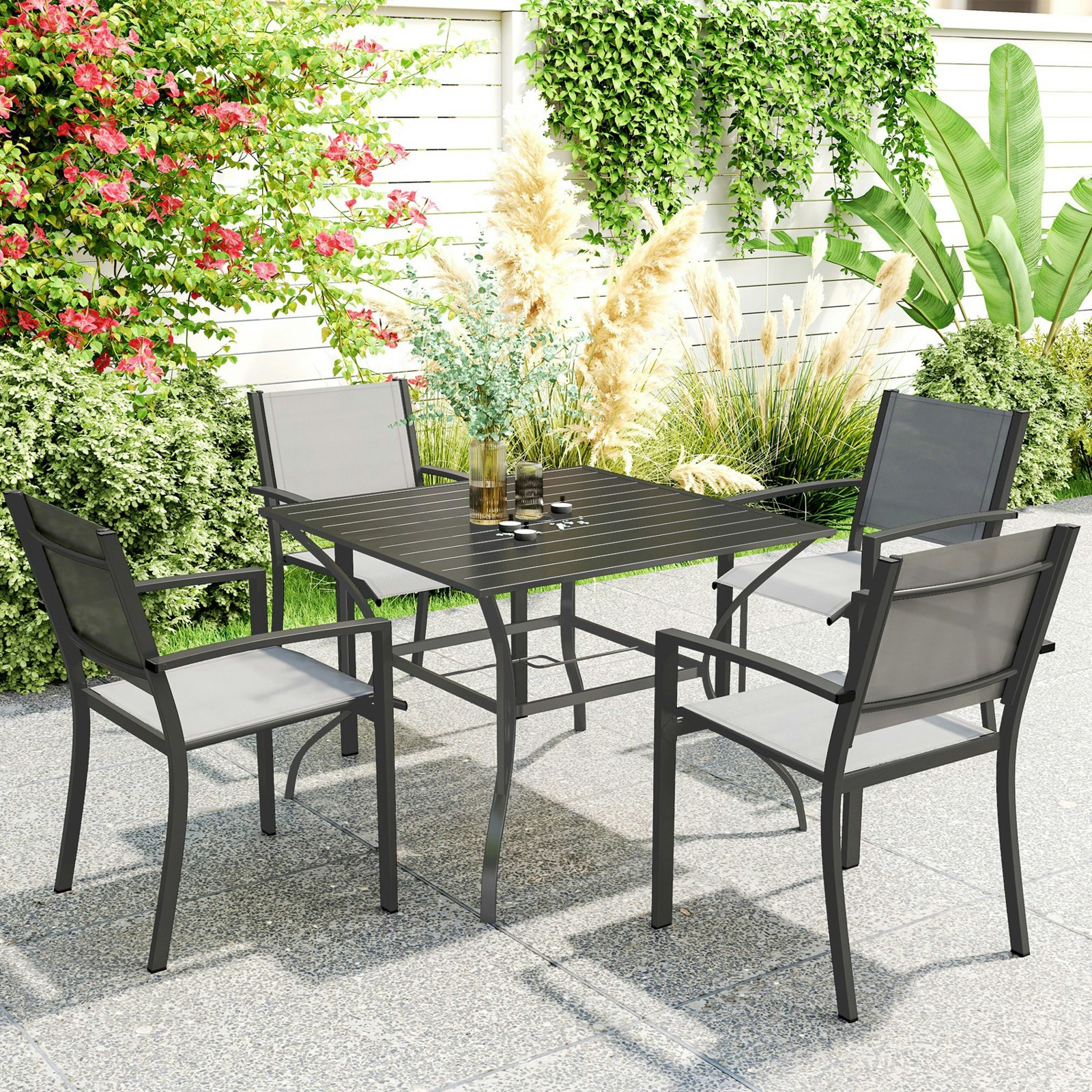Rackhams Grey/Dark Garden Table With Parasol Hole For Four, Slatted Metal Plate Top - Steel - 94Cm X 94Cm X 71Cm