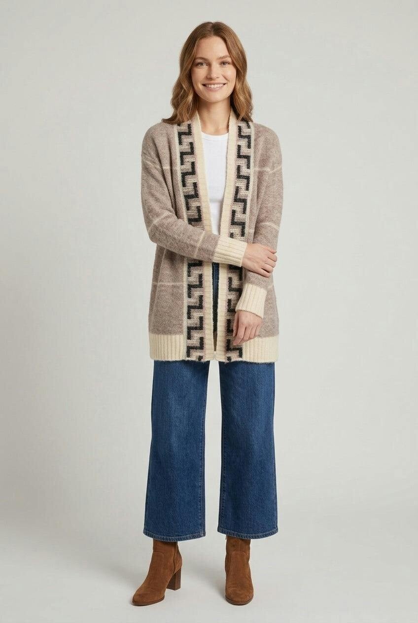 Izabel London Beige Printed Open Front Longline Cardigan - L