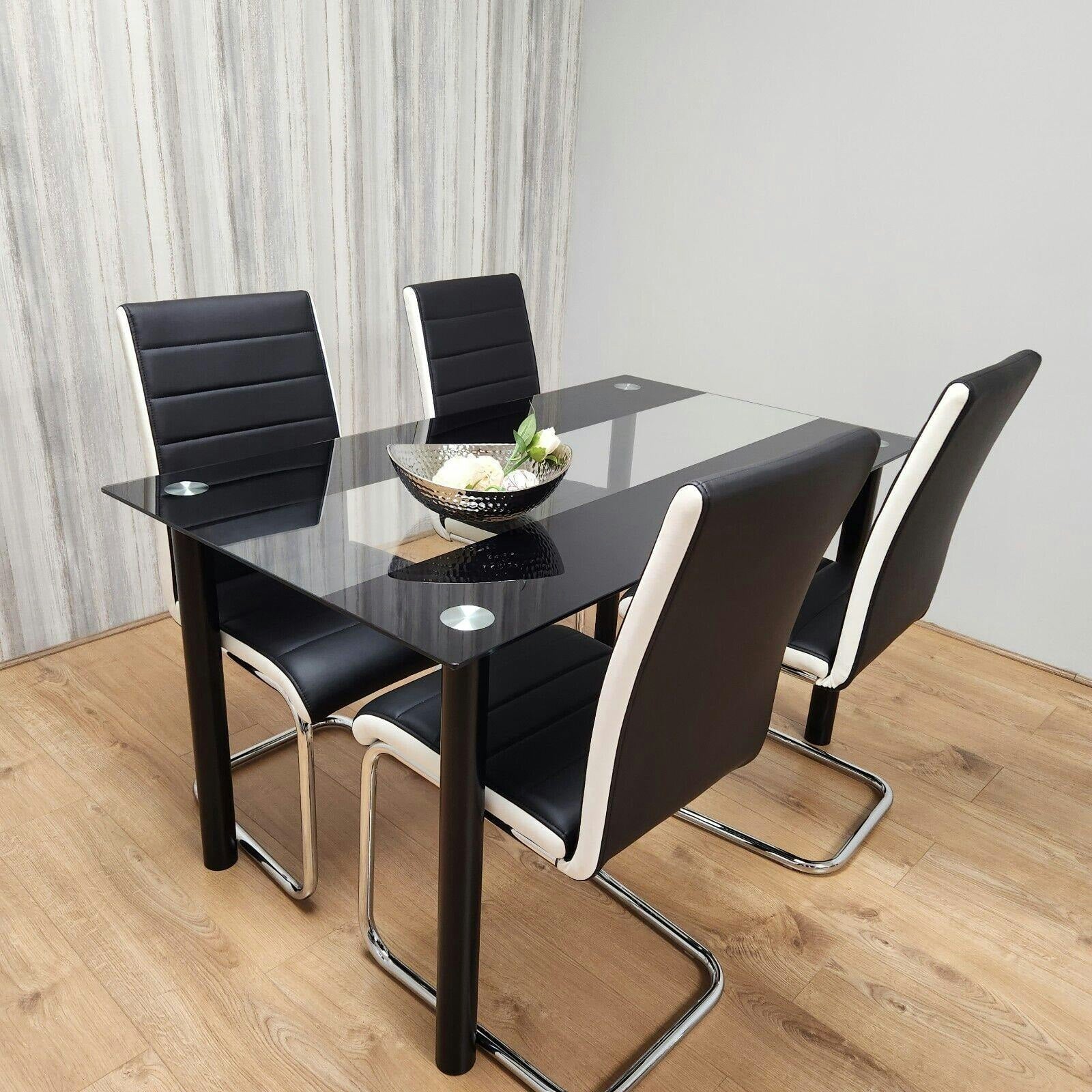 Kosy Koala 4 Seater Dining Table and Chairs Set - Clear Black Glass Table - Black Faux Leather Chairs - Image 5