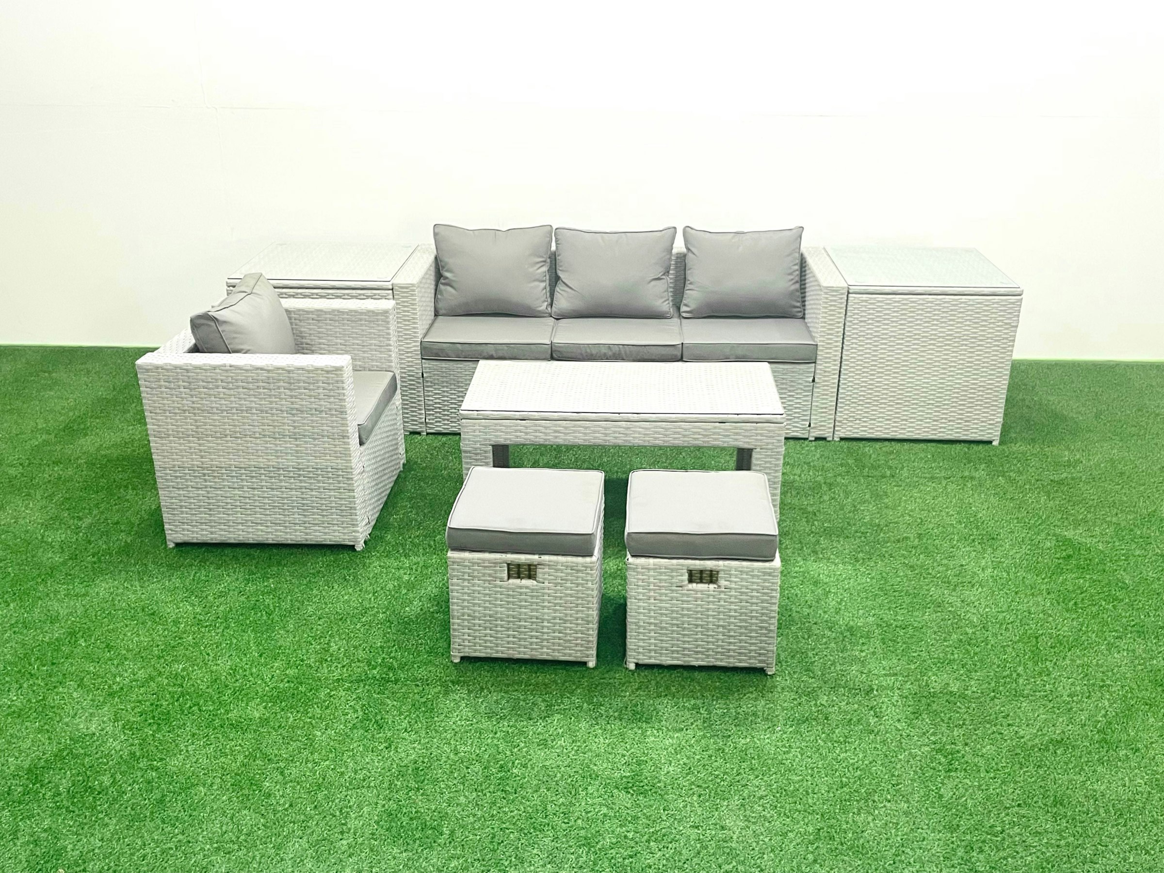Fimous Light/Grey Rattan Garden Furniture Set Outdoor Lounger Sofa With Coffee Table 2 Small Footstools 2 Side Tables Mixed