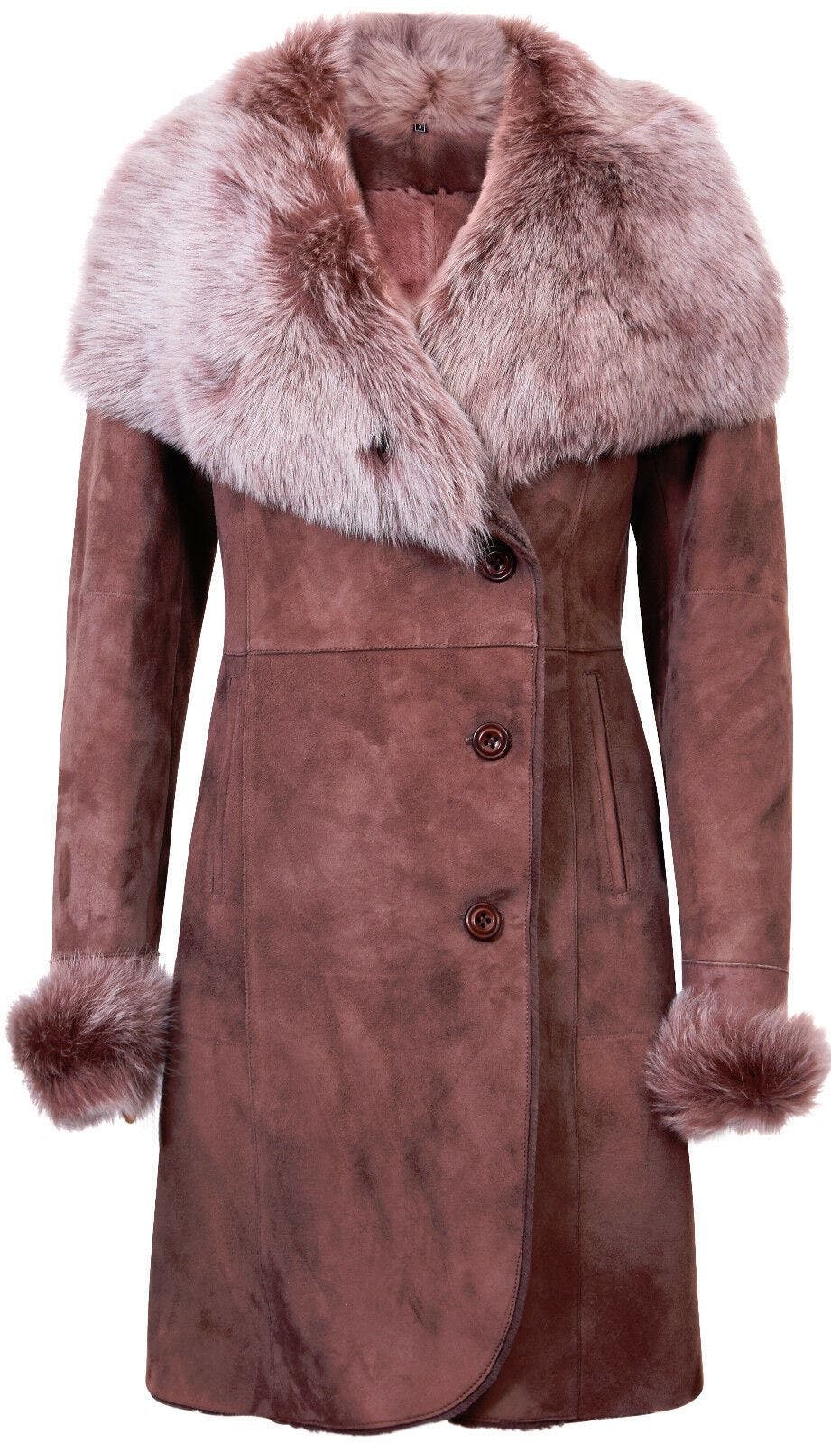 Infinity Leather Women's Brown Suede Merino Shearling Coat With Toscana Collar-Hanoi - Uk 2XL/18 | Eu 44 | Us 14