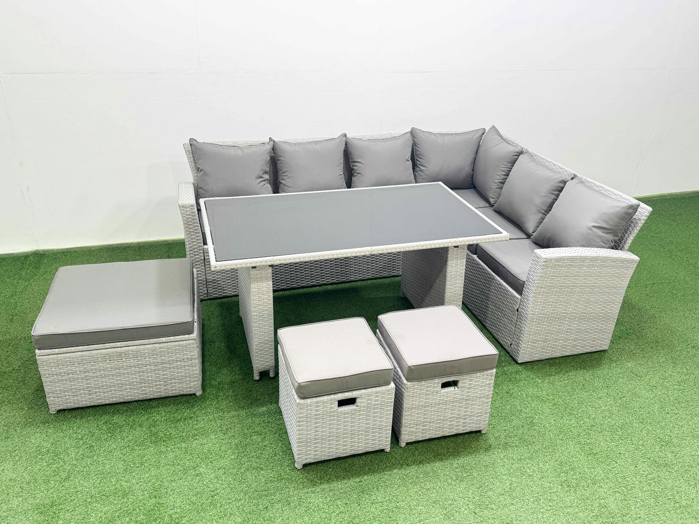 Fimous Light/Grey Outdoor Garden Furniture Sets 9 Seater Wicker Rattan Corner Sofa Sets With Rectangular Dining Table Lounge Sofa 3 Footstools