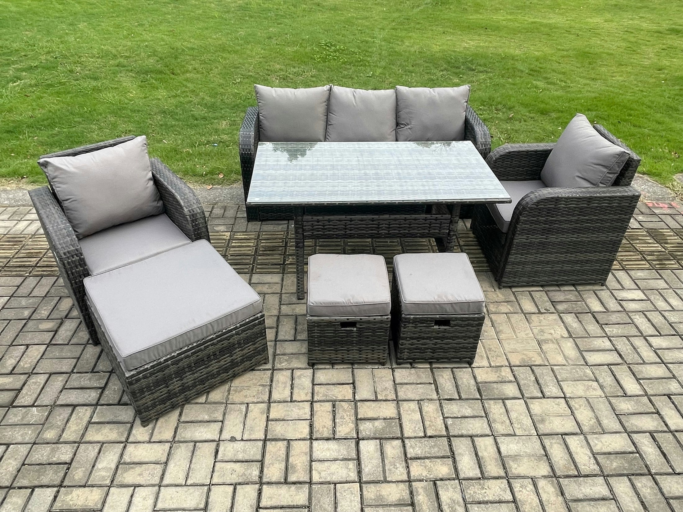 Fimous Dark/Grey 8 Seater Rattan Outdoor Garden Furniture Set Rectangular Dining Table And Chair Sofa Set With 3 Footstools Mixed