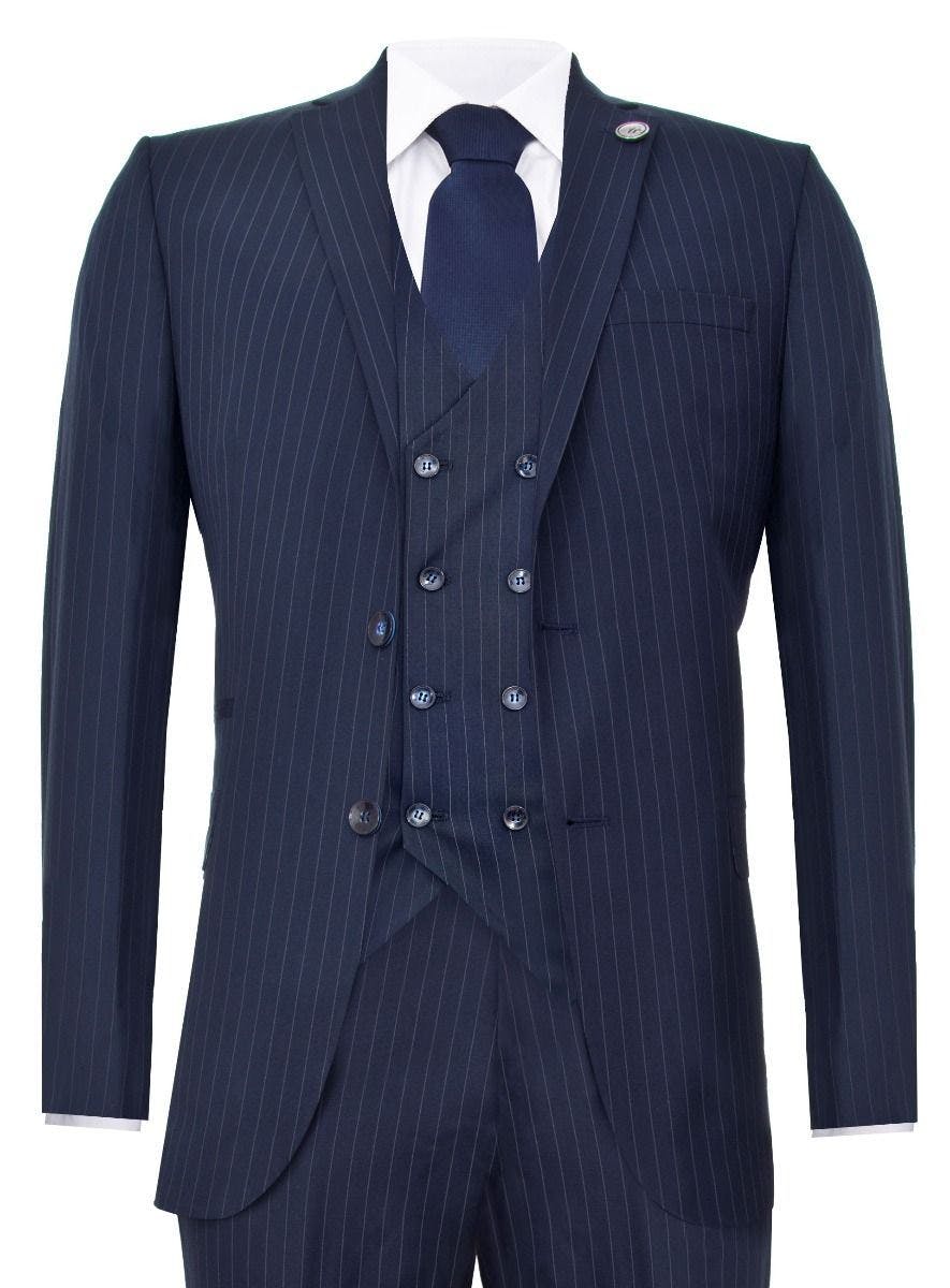 Truclothing Men's Blue 3 Piece Navy Pinstripe Retro Suit - Navy - 48" Jacket 42" Trousers