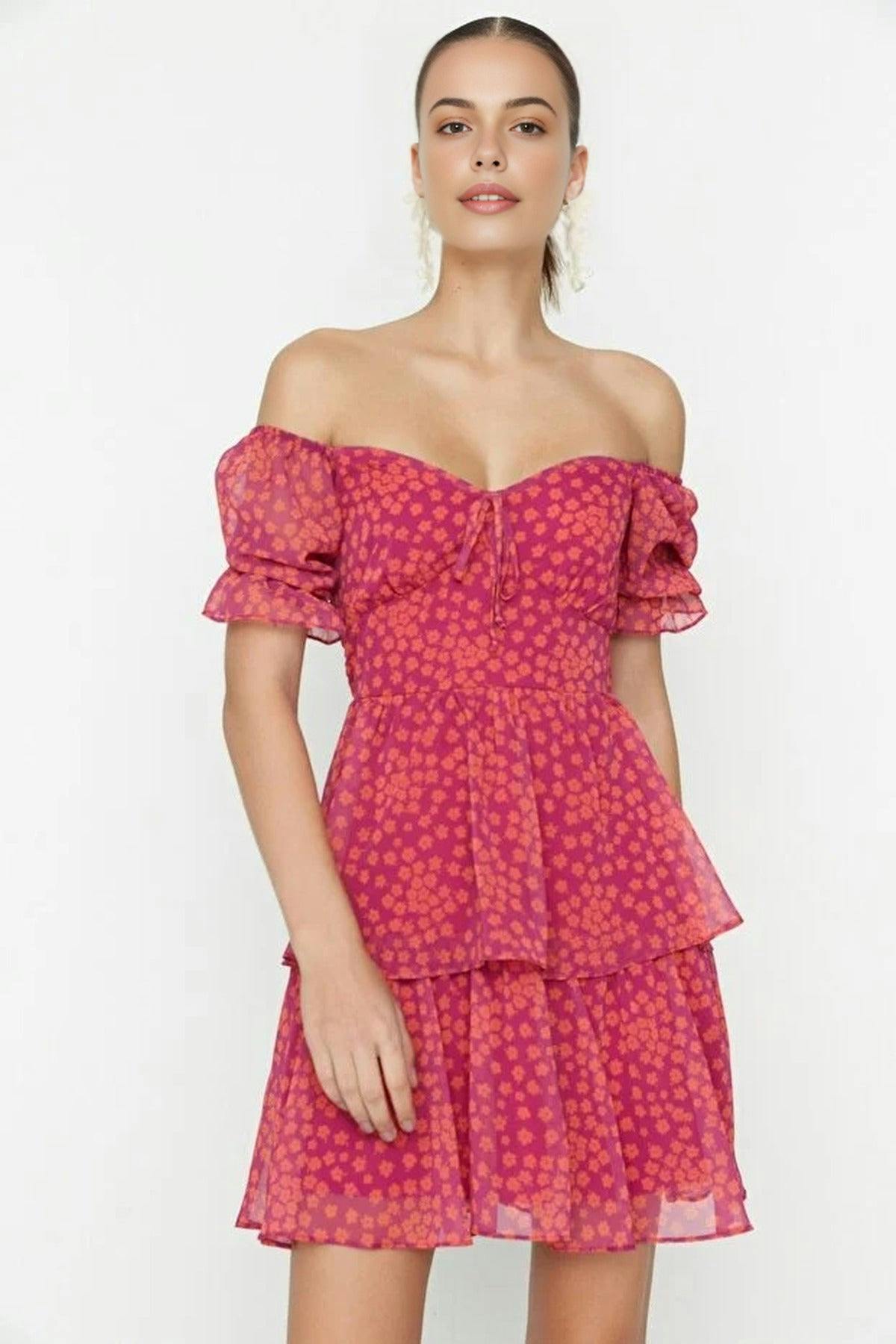 Wovcor Light Floral Skater Chiffon Mini Lined Woven Dress With Ruffles - Multi - 8